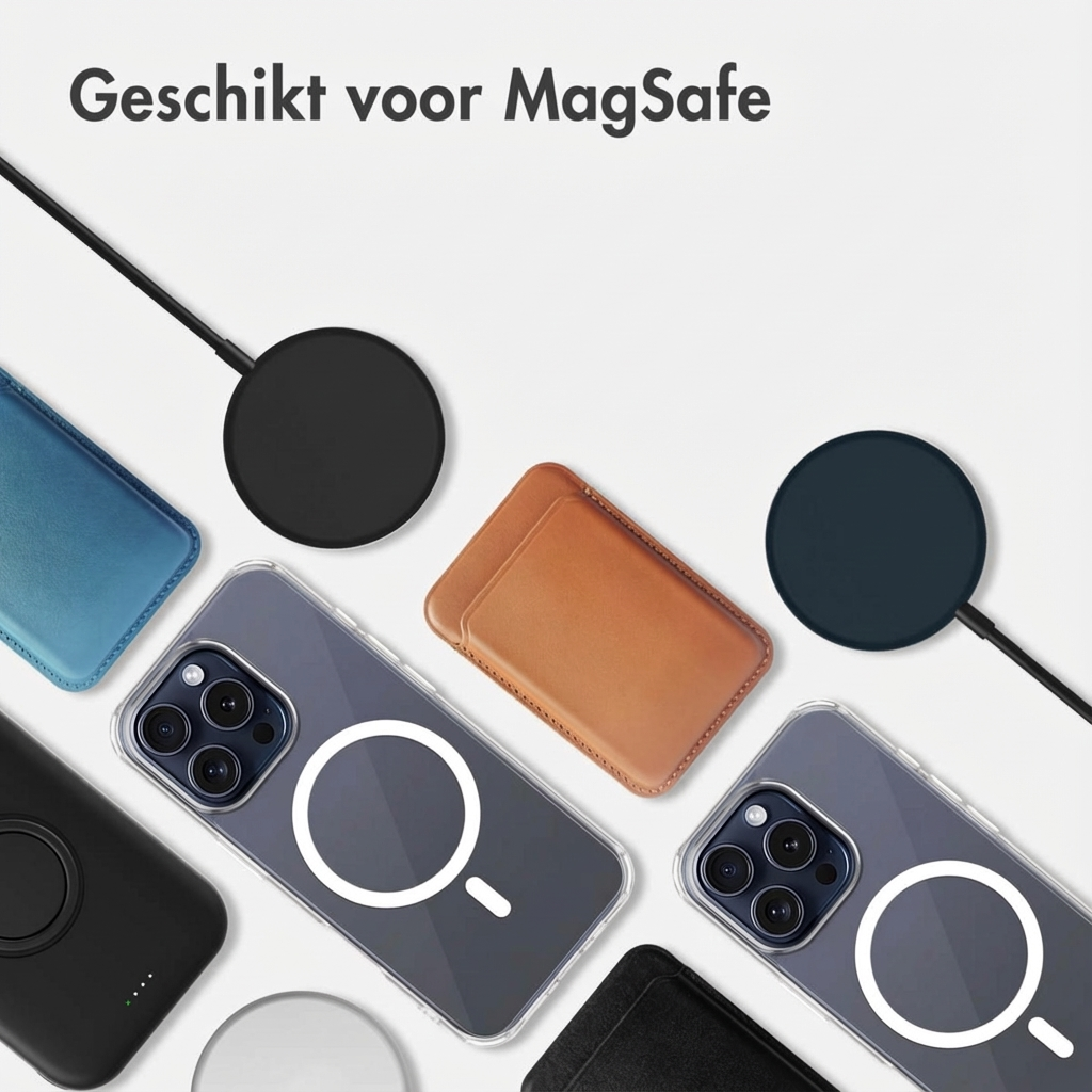 Meerdere iPhone-hoesjes en MagSafe-opladers in diverse kleuren.