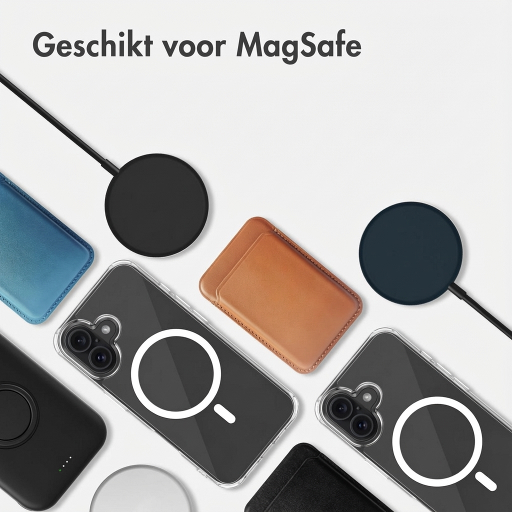 Diversi caricabatterie MagSafe e custodie per telefoni su sfondo bianco.