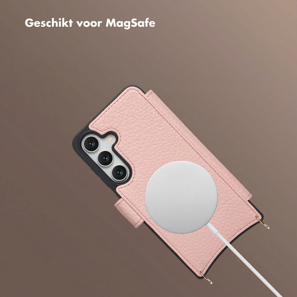 Une coque de téléphone rose avec chargeur MagSafe. Compatible MagSafe.