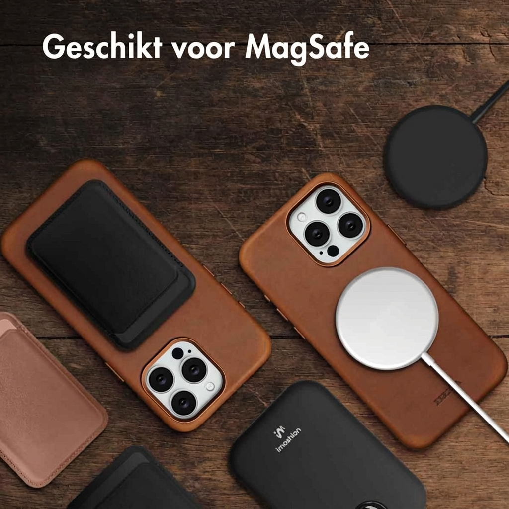Étuis de téléphone marron avec accessoires MagSafe, câble de chargement et fond en bois.