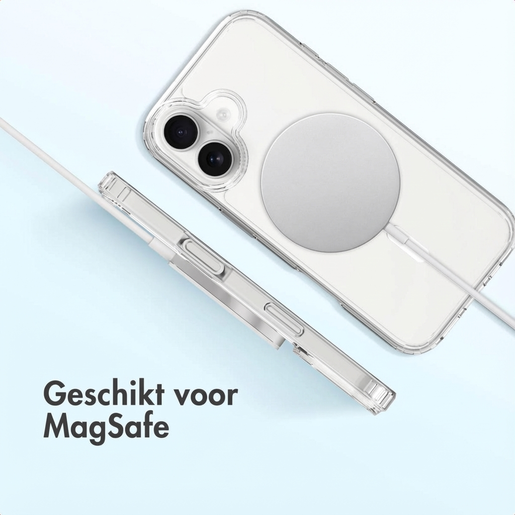 Coque de téléphone transparente avec chargeur MagSafe et câble sur fond bleu clair.