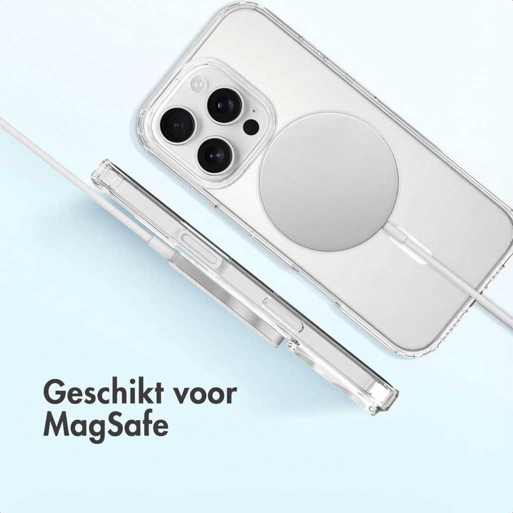 Une coque de téléphone transparente avec un chargeur MagSafe attaché à l'arrière d'un téléphone.