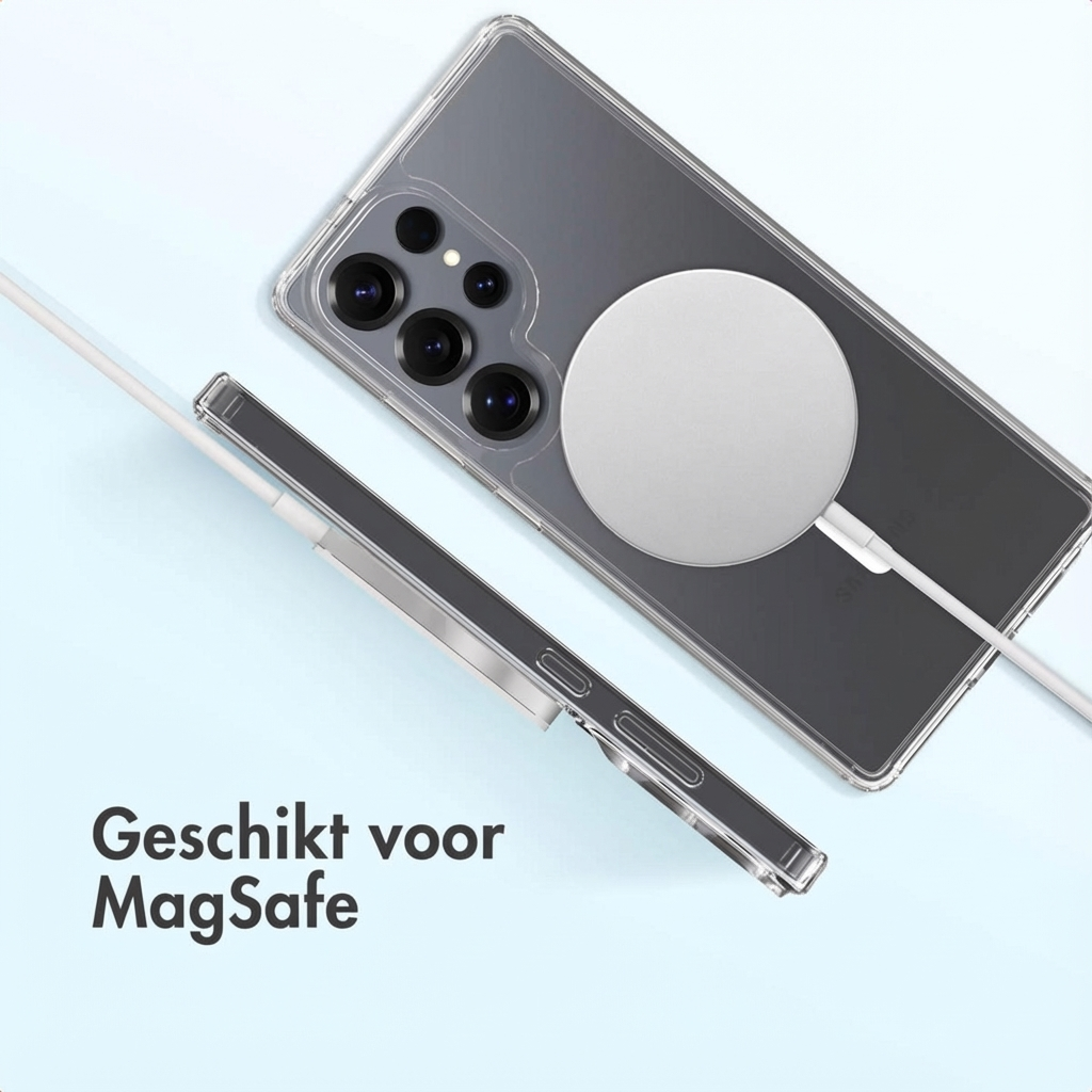 Un smartphone avec chargeur MagSafe et câble sur fond bleu.