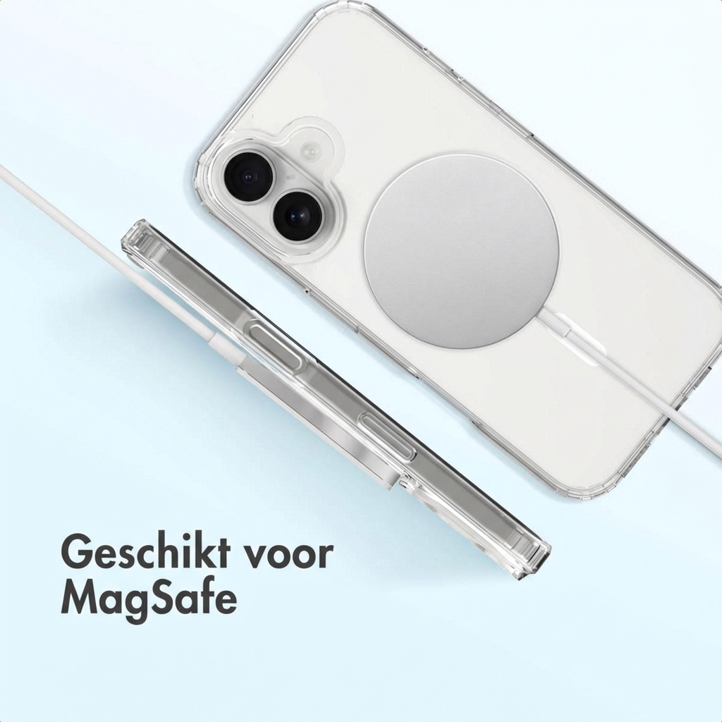 Un étui de téléphone transparent repose à côté d'un iPhone avec chargeur MagSafe.