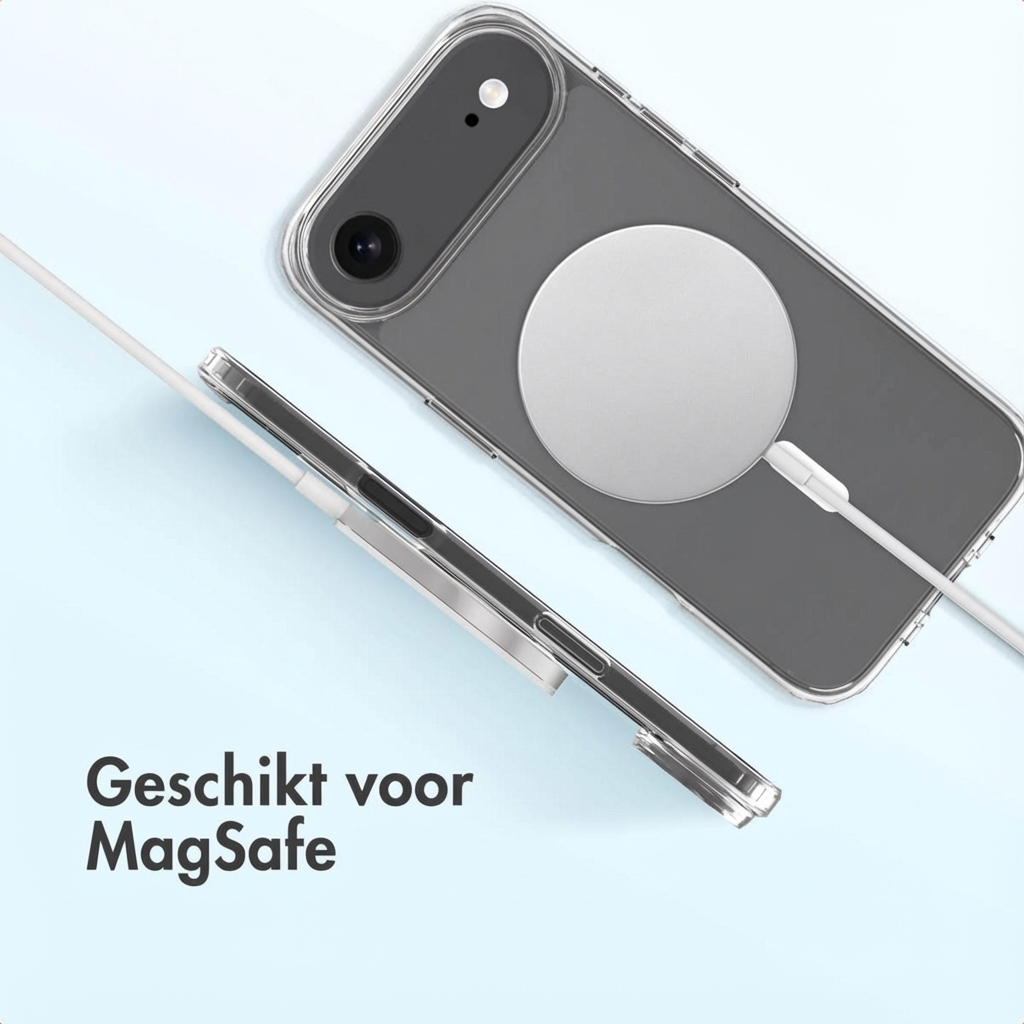Een doorzichtige telefoonhoes met MagSafe-oplader op blauwe achtergrond.