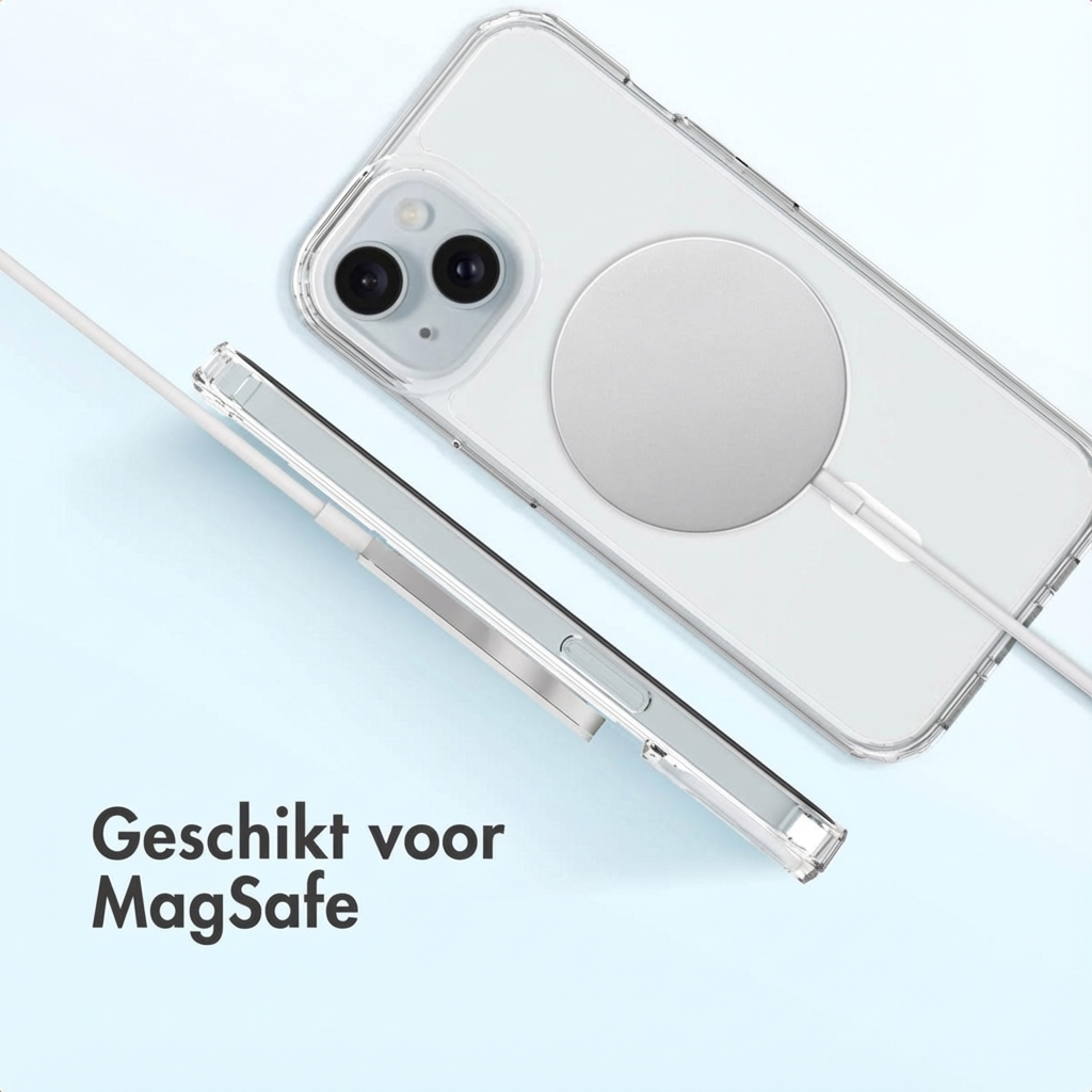 A clear phone case with a MagSafe charger and cable on a blue background.