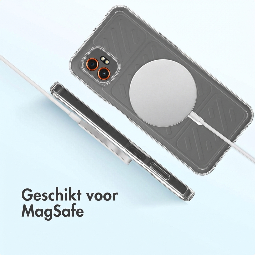 Une coque de téléphone transparente avec chargeur MagSafe et câble blanc sur fond bleu.