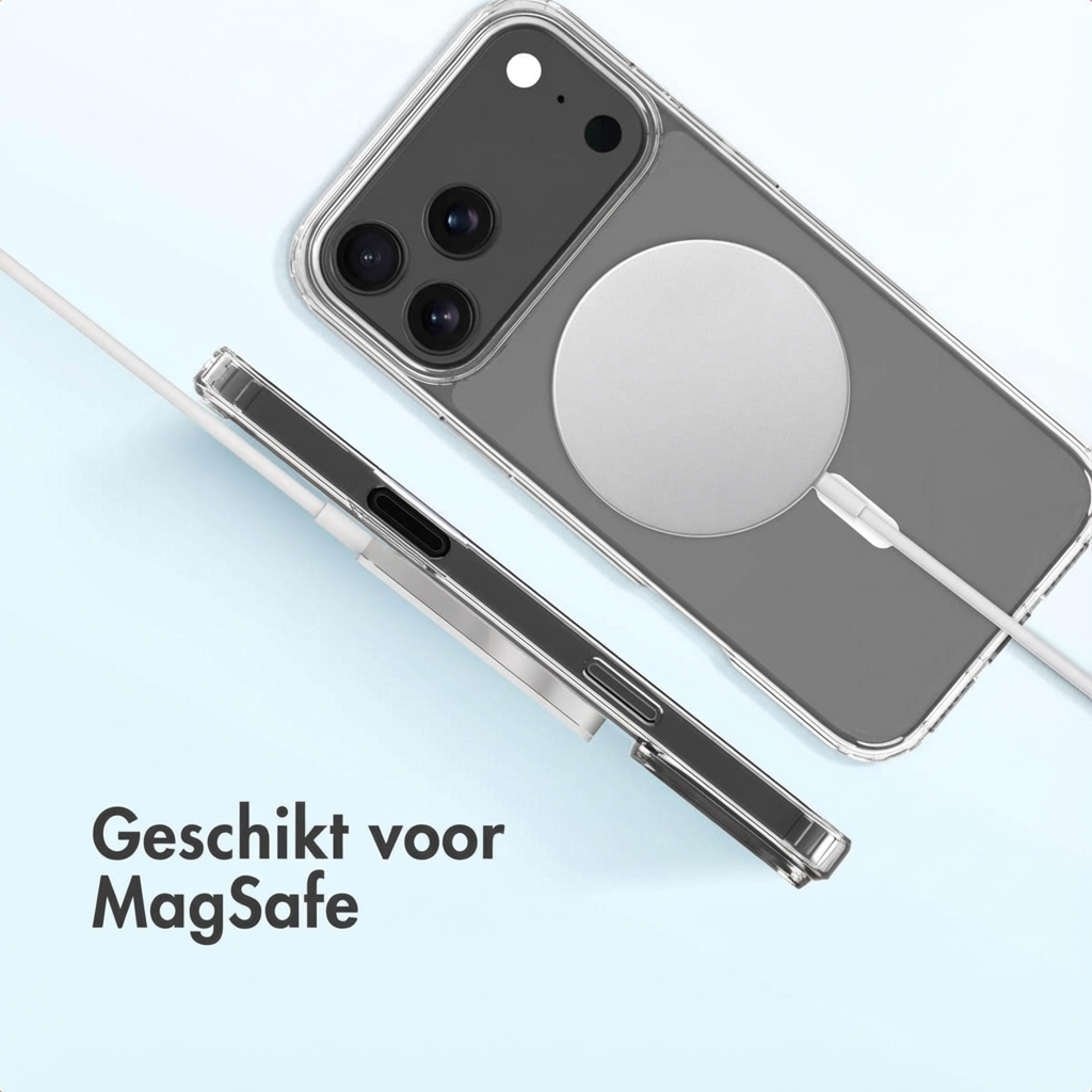 Een doorzichtige iPhone case met MagSafe lader en kabel op blauwe achtergrond.