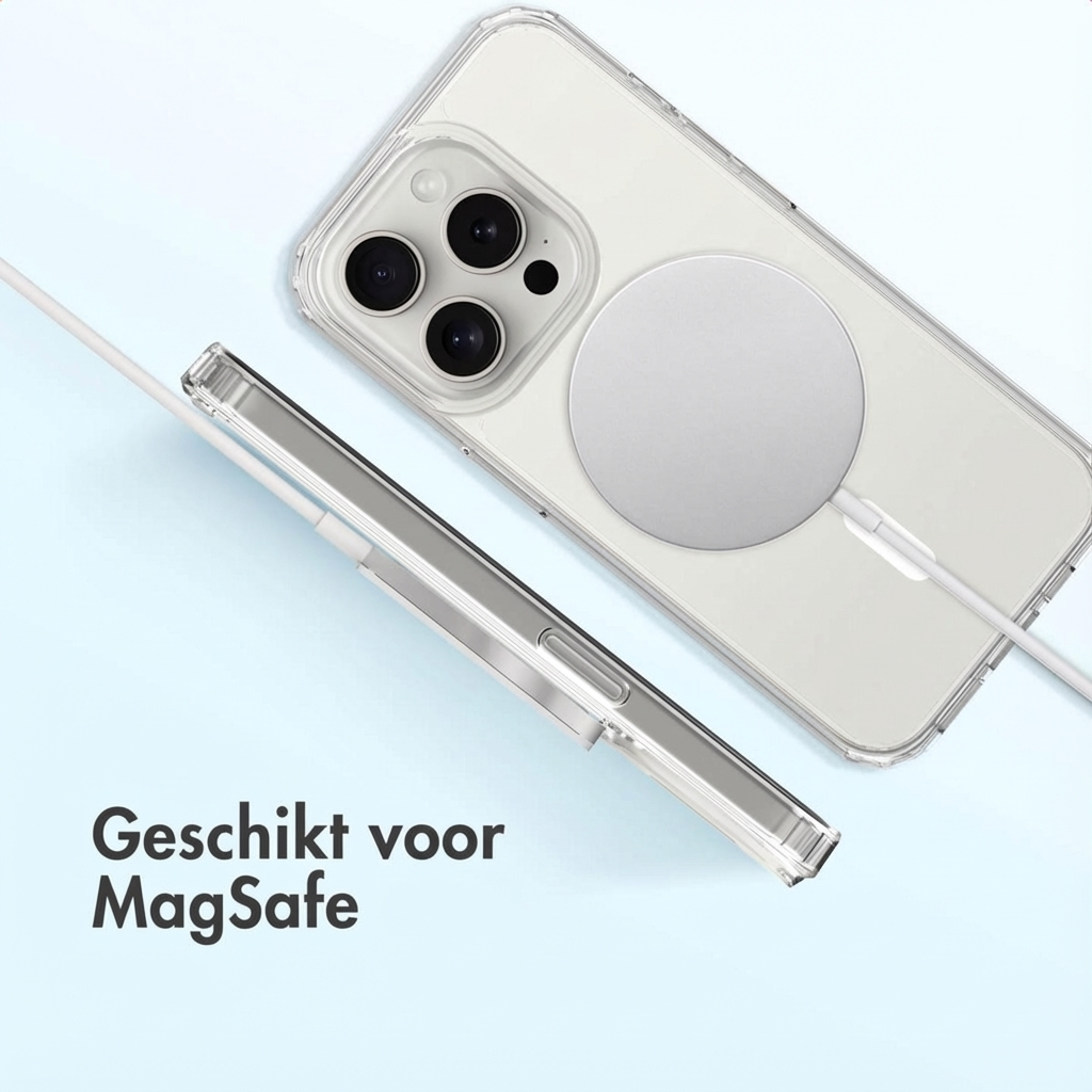 Een doorzichtige telefoonhoes met MagSafe-oplader en kabel op lichtblauwe achtergrond.