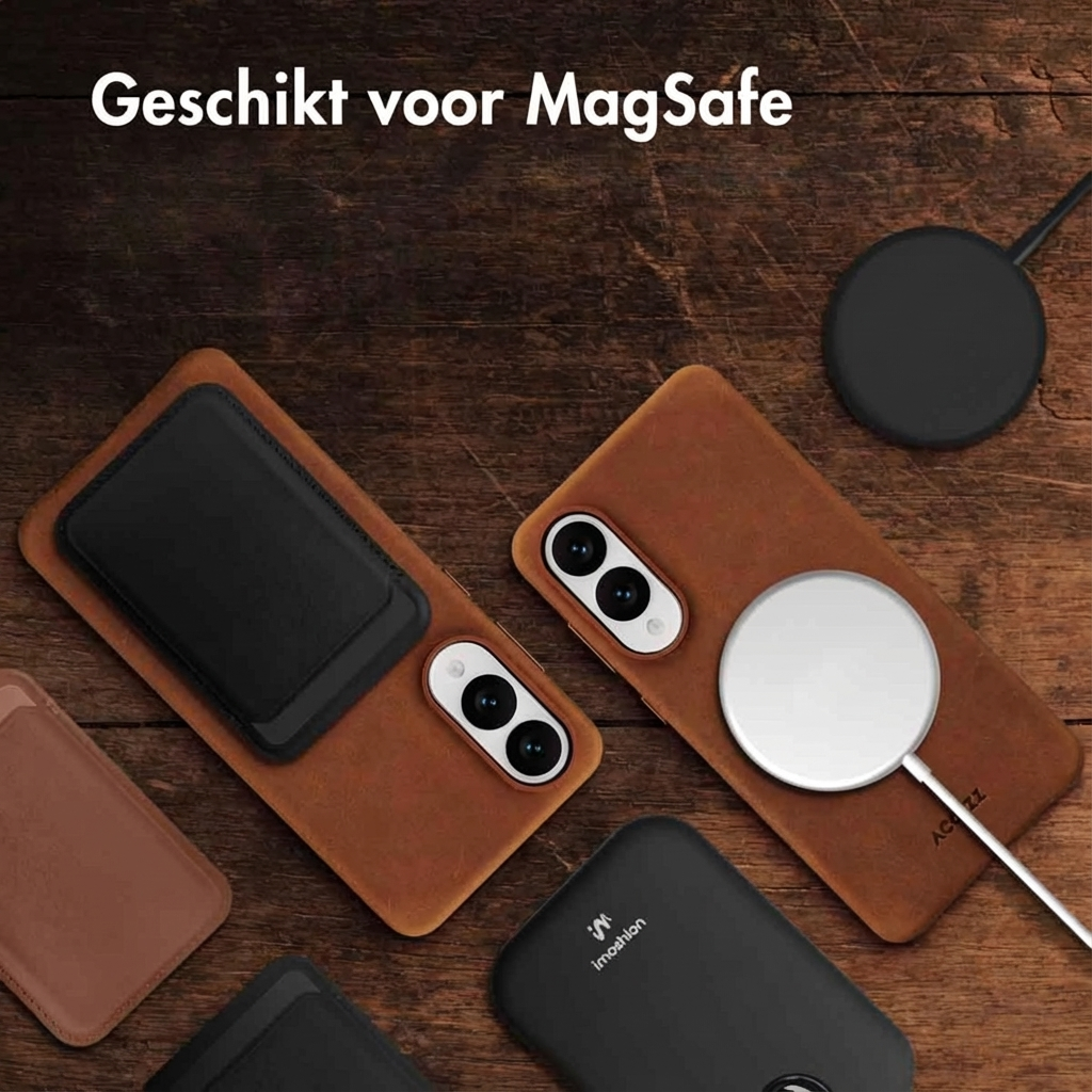 Bruine telefoonhoesjes met MagSafe laders en accessoires op houten achtergrond.