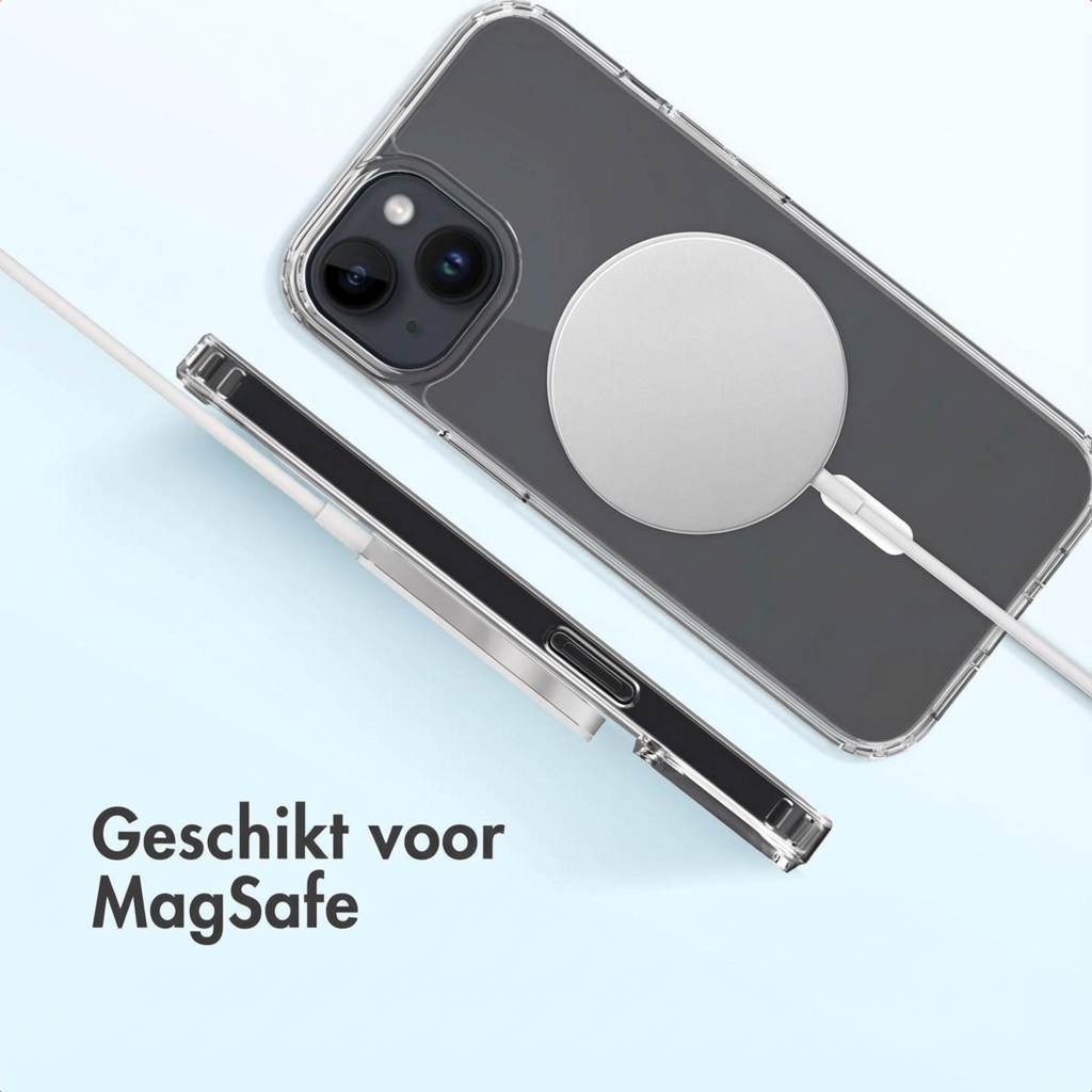 Una cover trasparente per iPhone con caricabatterie e cavo MagSafe.