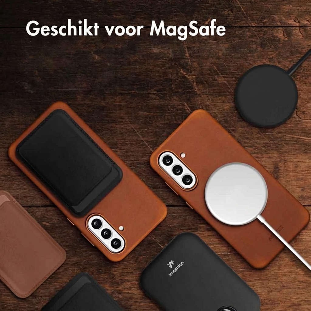 Coques de téléphone marron avec chargeur MagSafe et accessoires sur fond bois.