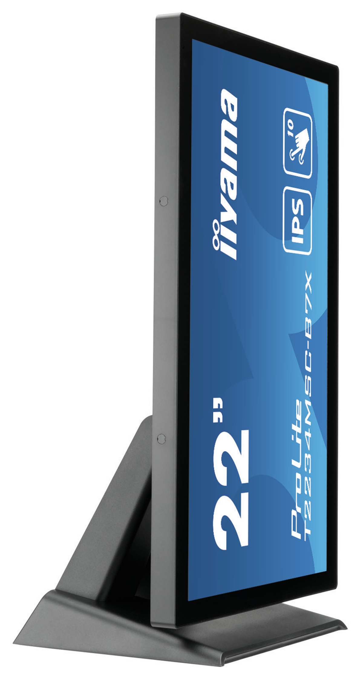 Ein 22-Zoll-iiyama-Monitor steht auf einem grauen Ständer. Er hat einen blauen Bildschirm.