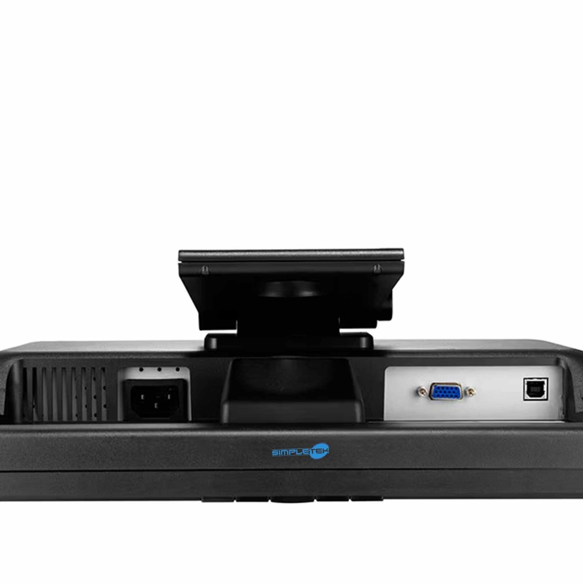 Tył czarnego monitora z portami zasilania, VGA i USB. Logo SIMPLETEK.