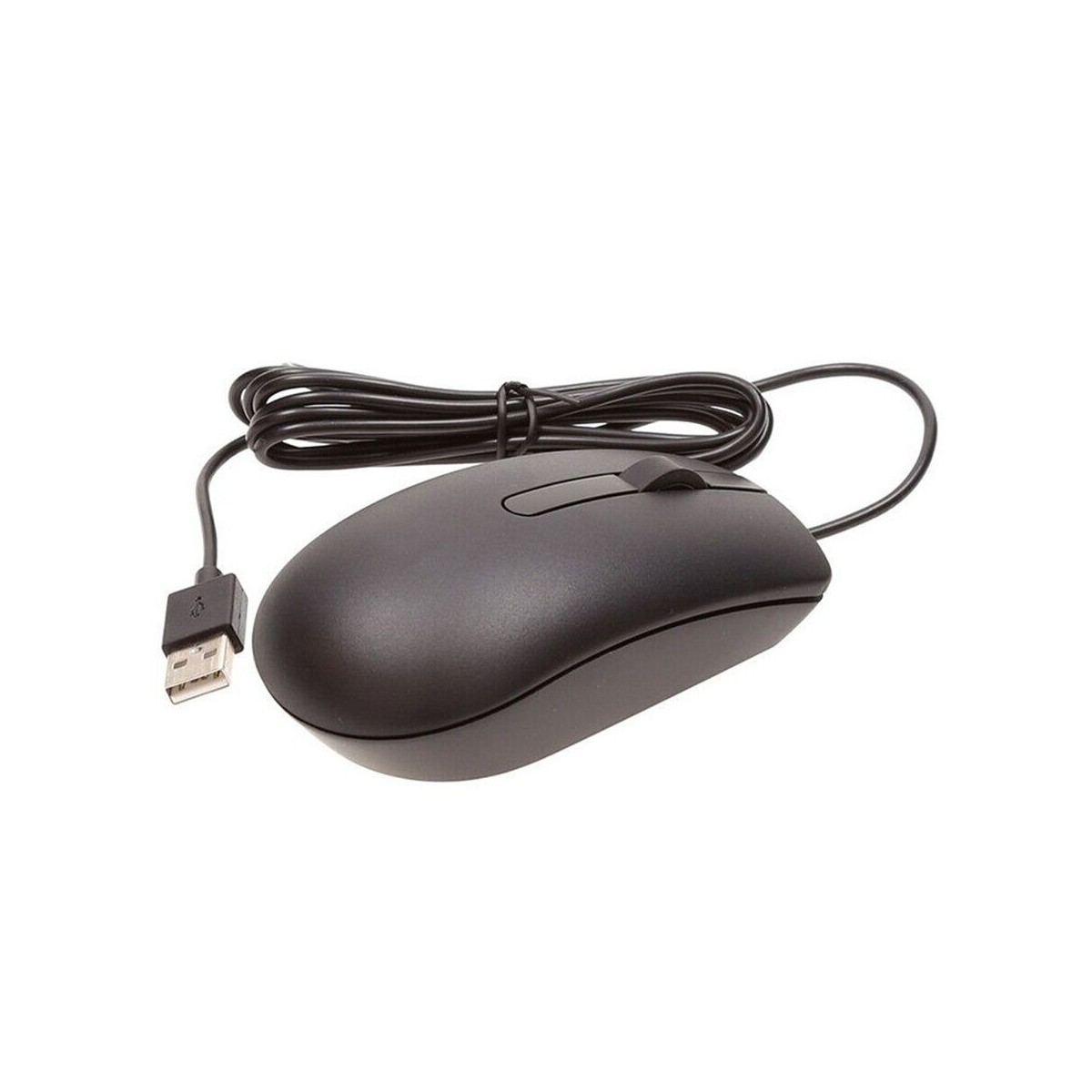 Black USB computer mouse with cable, on a white background.