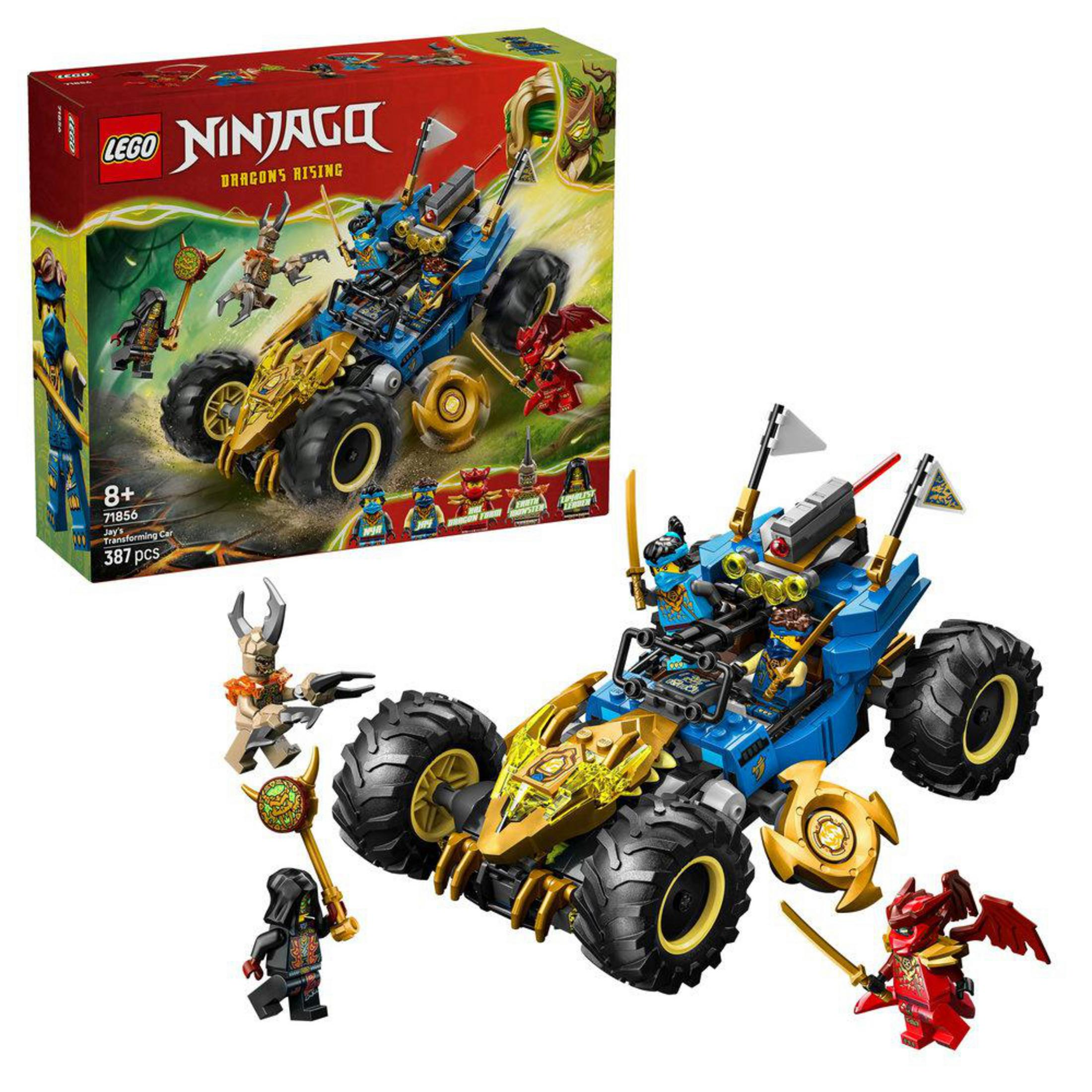 Zestaw Lego Ninjago z niebiesko-złotym pojazdem, 4 minifigurkami i czerwonym smokiem.