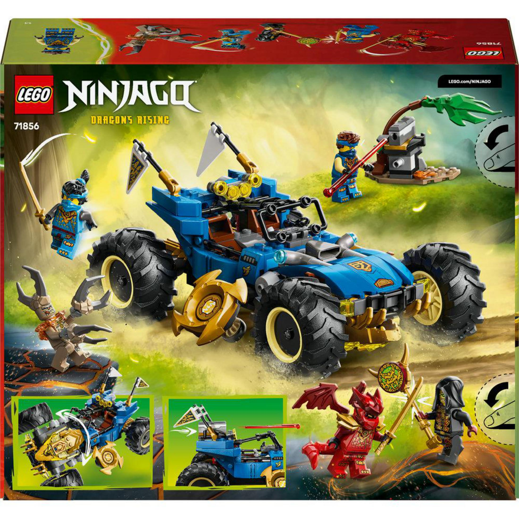 Lego Ninjago Powstanie Smoków z niebieskim pojazdem, figurkami i czerwonym smokiem.