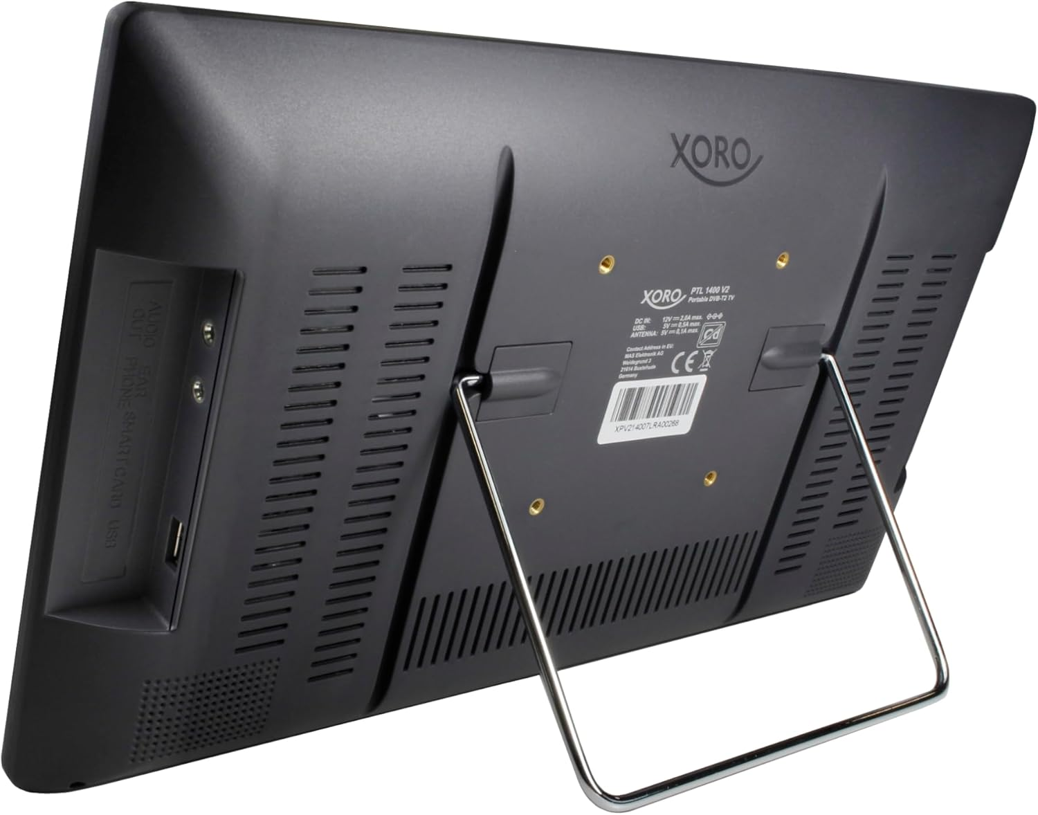 Parte trasera de un televisor portátil negro con soporte y puertos.