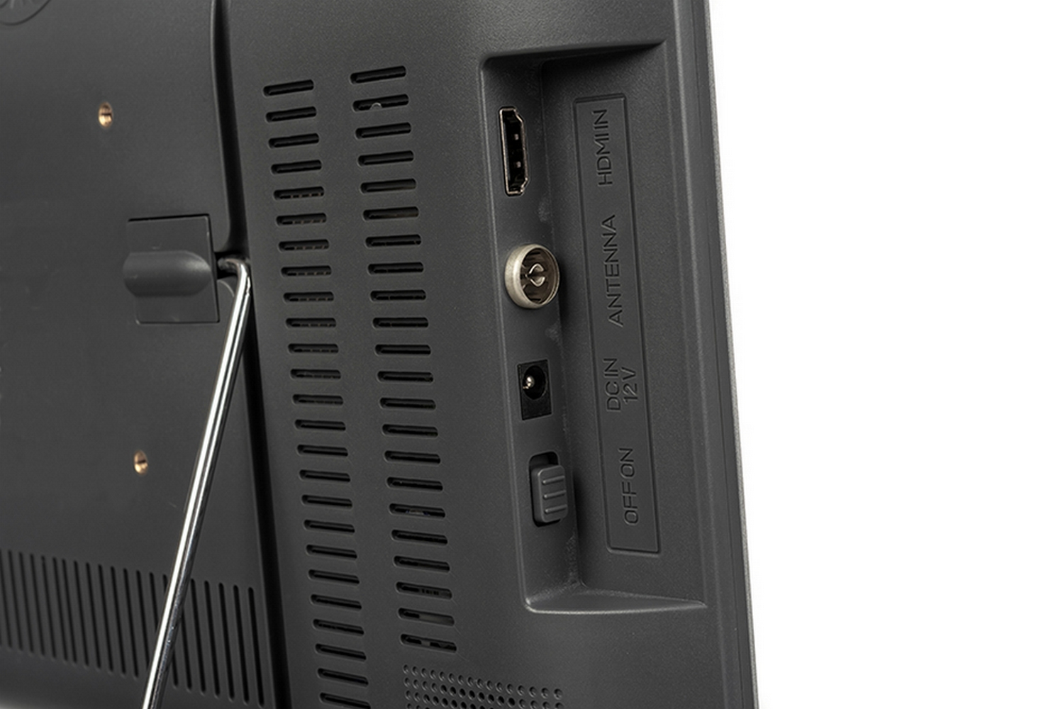 Parte trasera de un televisor negro con HDMI, antena, entrada CC y interruptor de encendido.