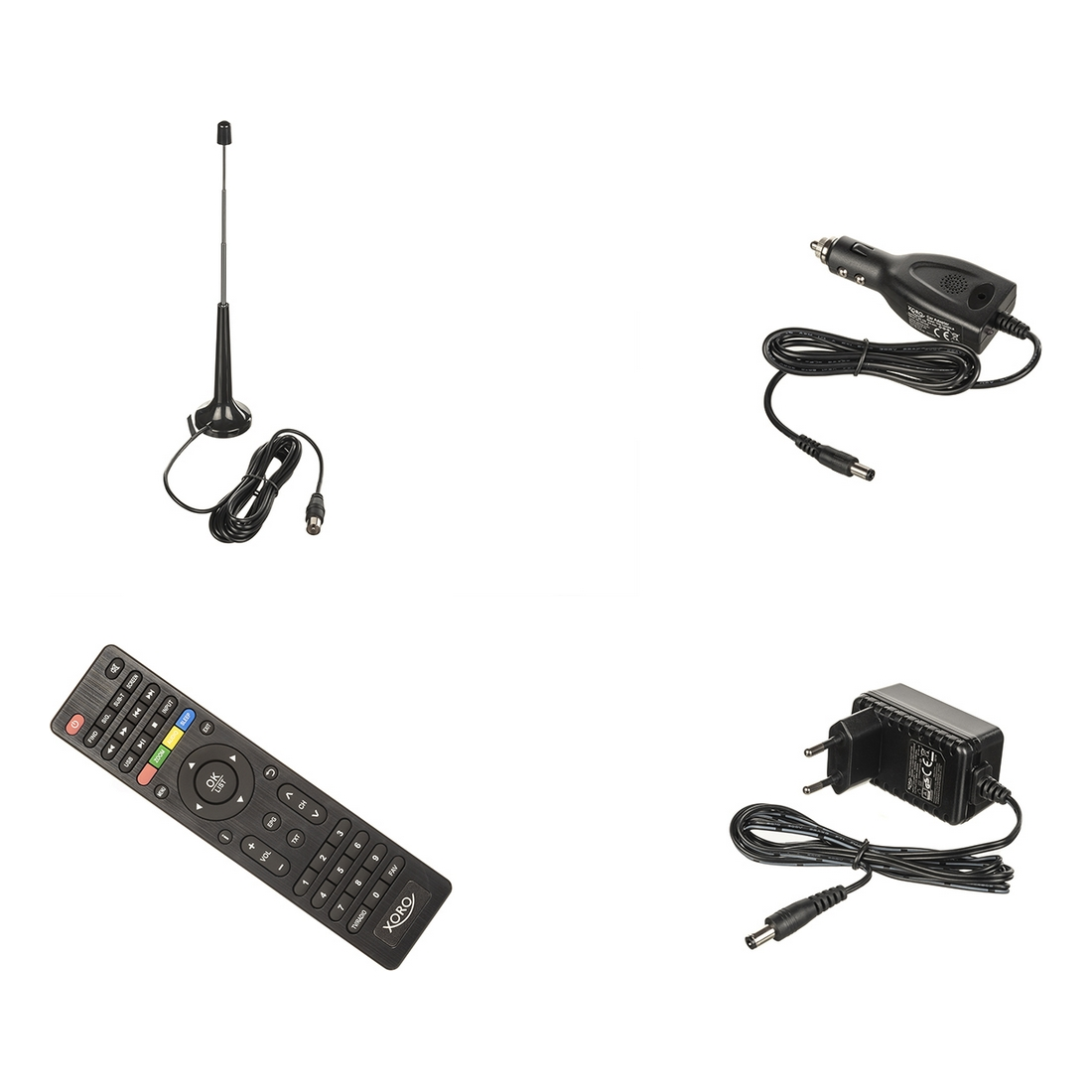 Antena, mando, cargador de coche y adaptador de corriente sobre fondo blanco.