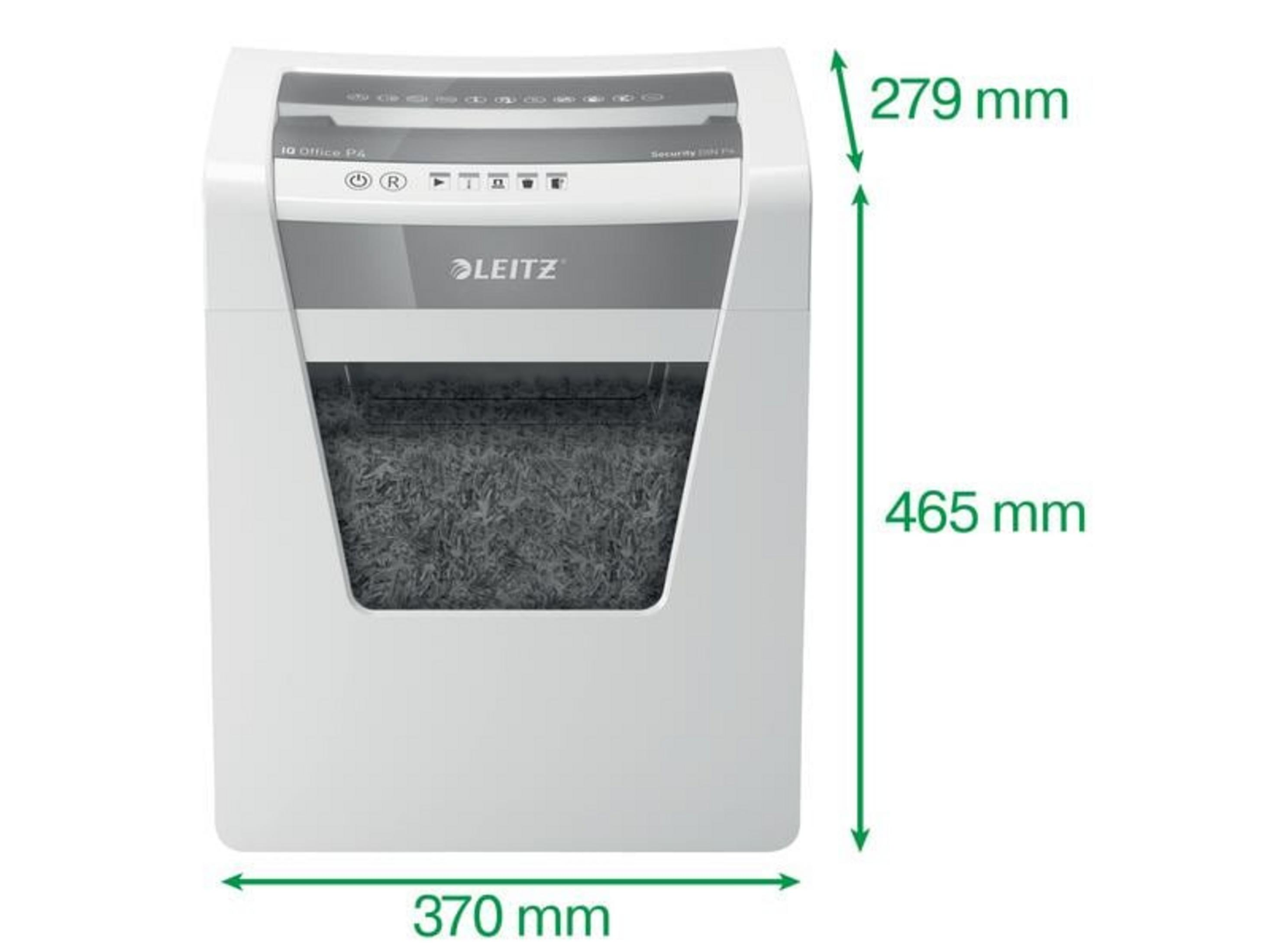 Un trituratore di carta bianco con dimensioni 370x279x465mm.