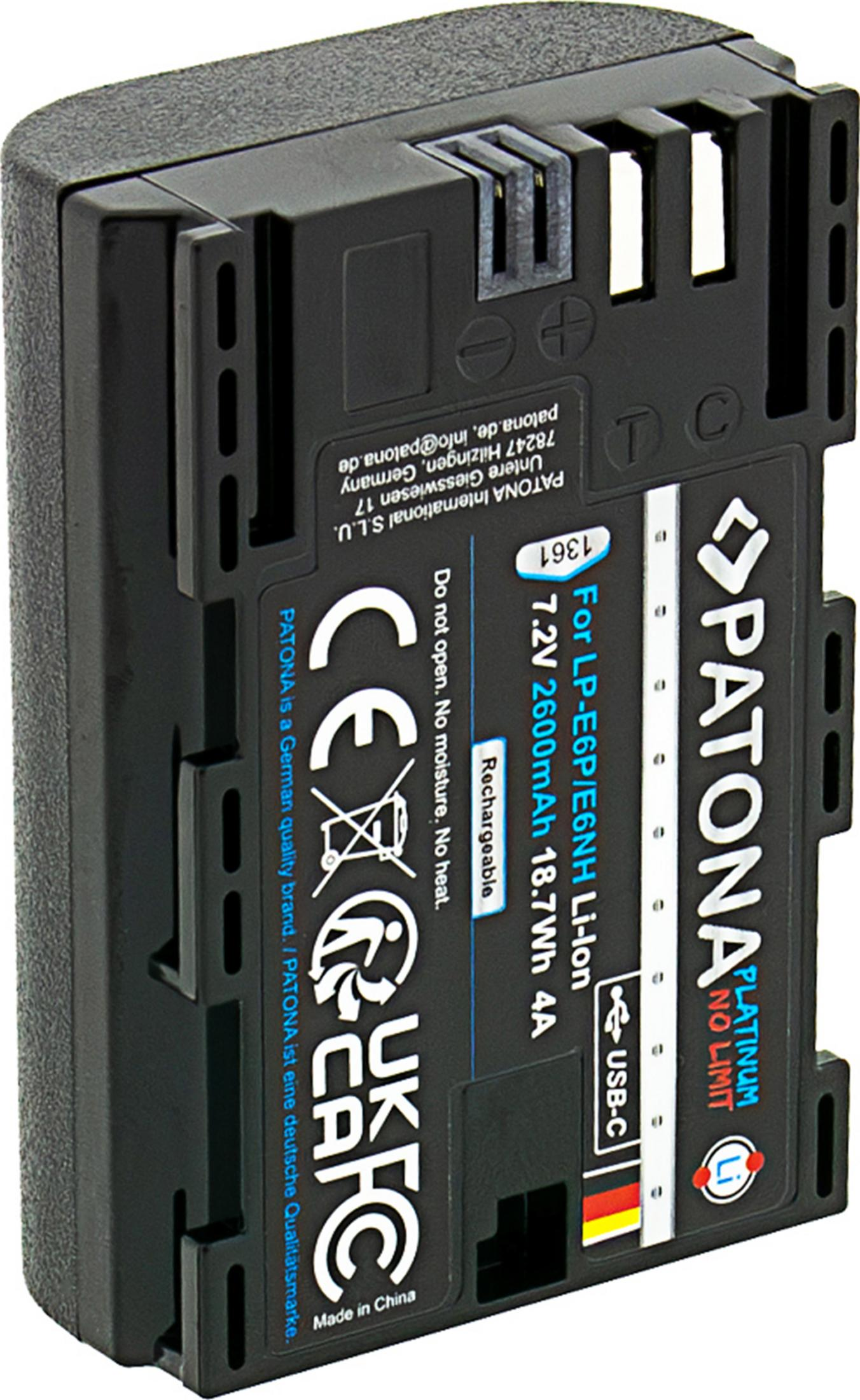 Schwarzer Akku mit Beschriftungen: PATONA, 7.2V 2600mAh, USB-C, CE-Zeichen.
