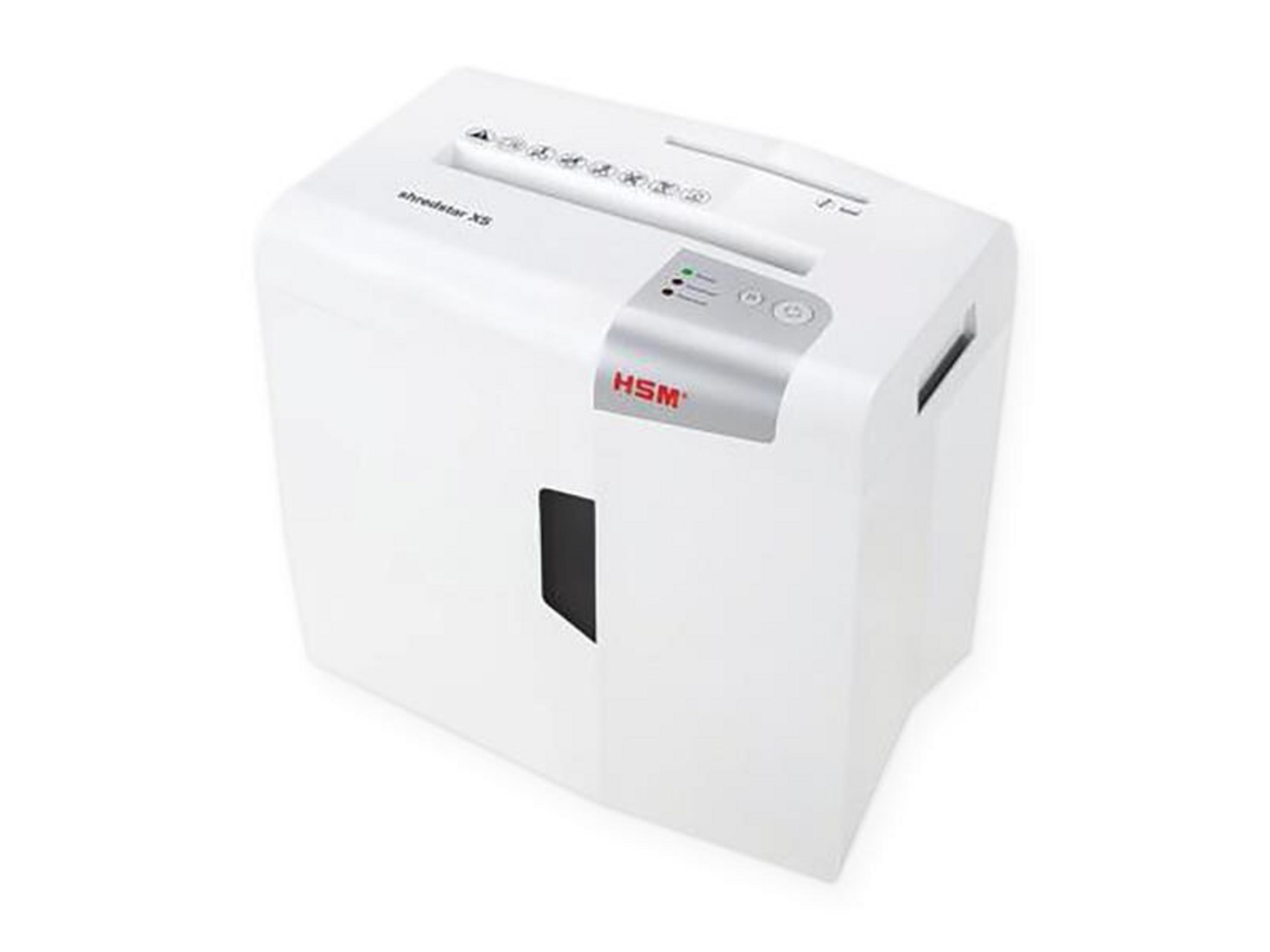 Biała niszczarka HSM z srebrnym panelem sterowania i okienkiem.