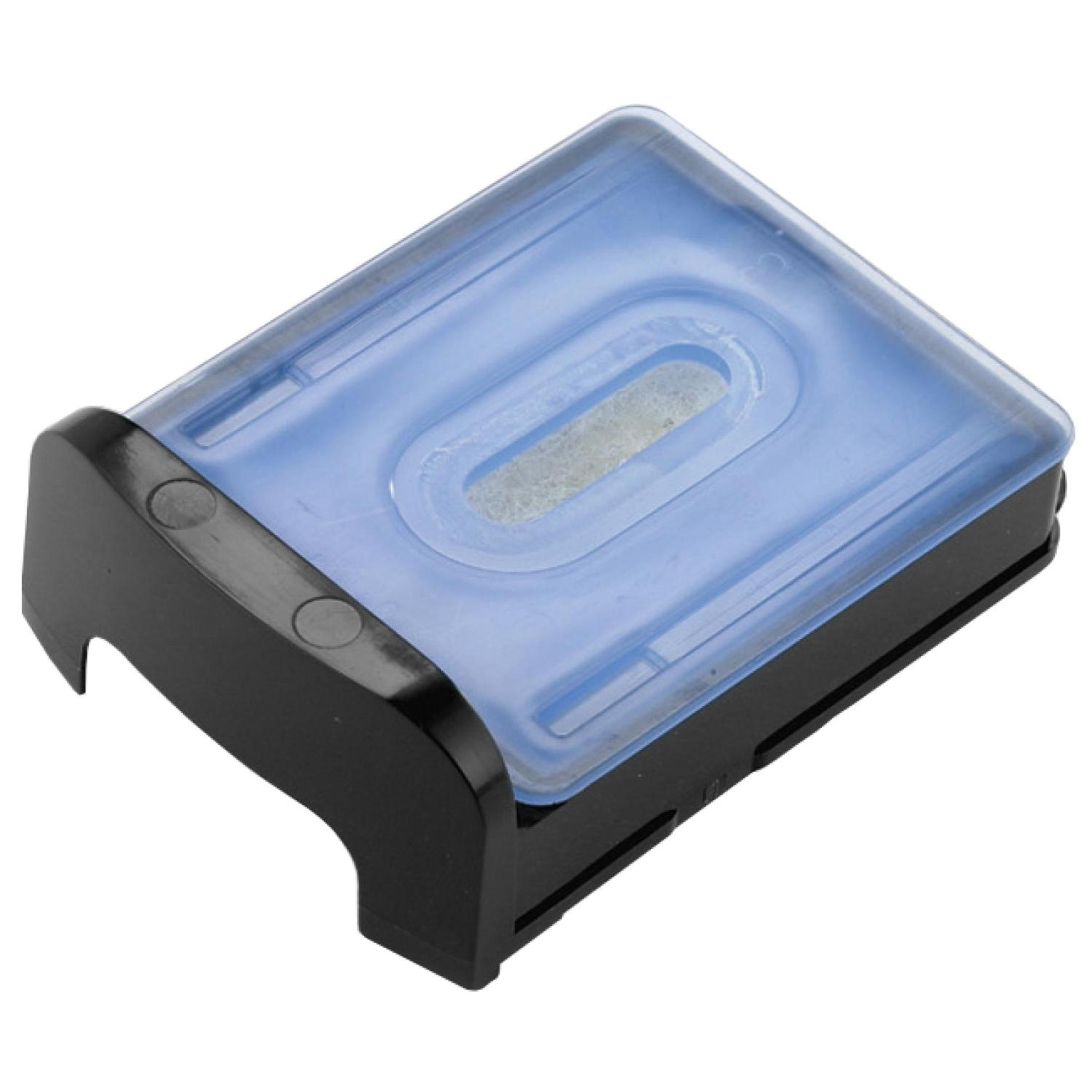 Contenant noir avec couvercle bleu translucide et insert ovale.