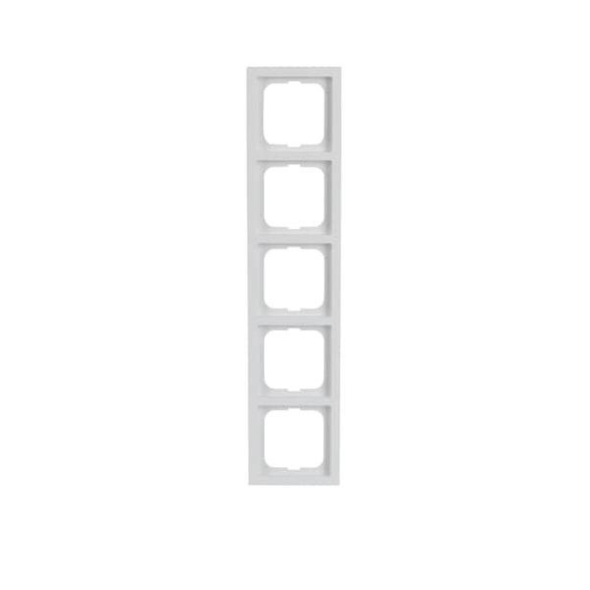 Una cornice bianca per cinque interruttori o prese, disposta verticalmente.