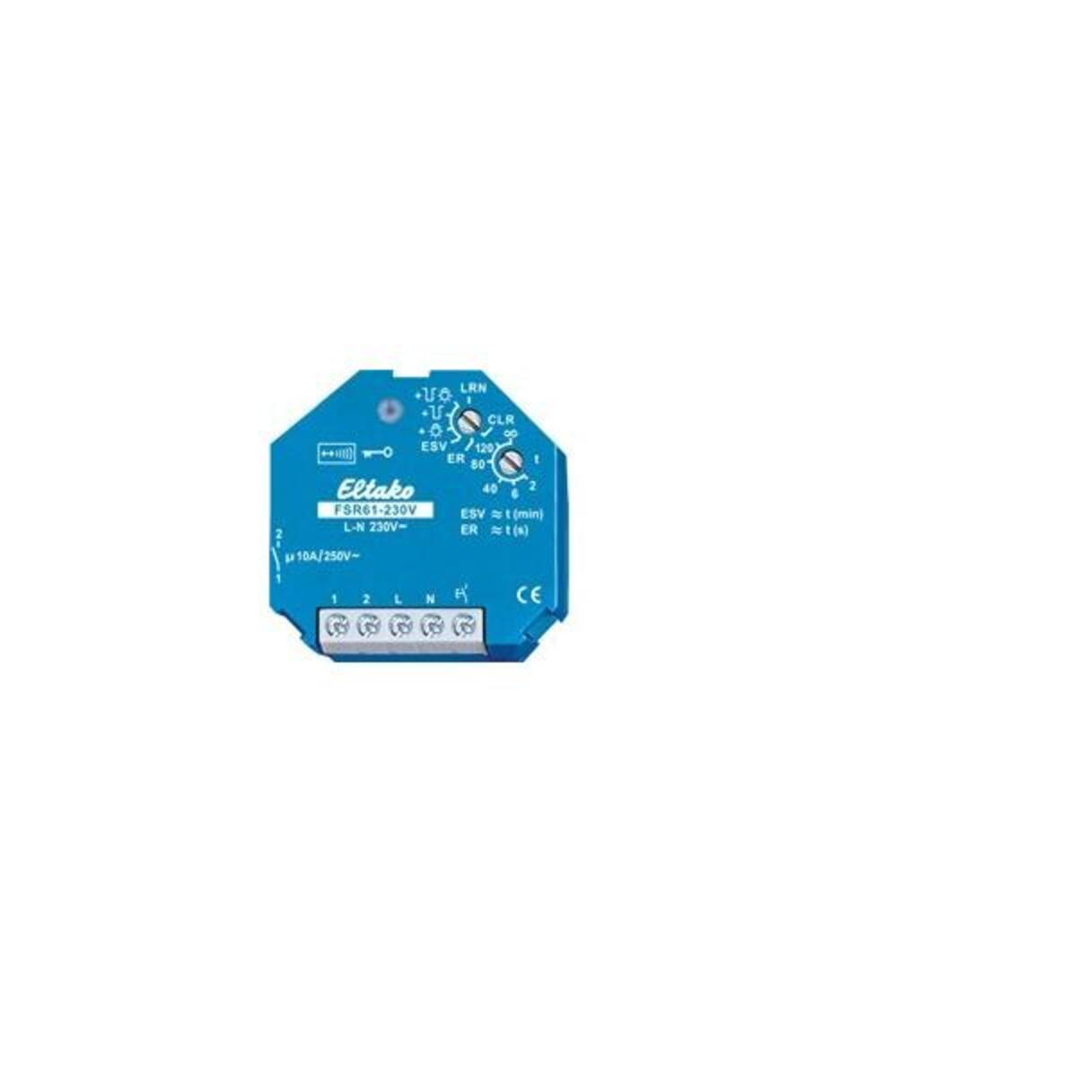 Interruttore blu Eltako FSR61-230V con etichette e manopole.