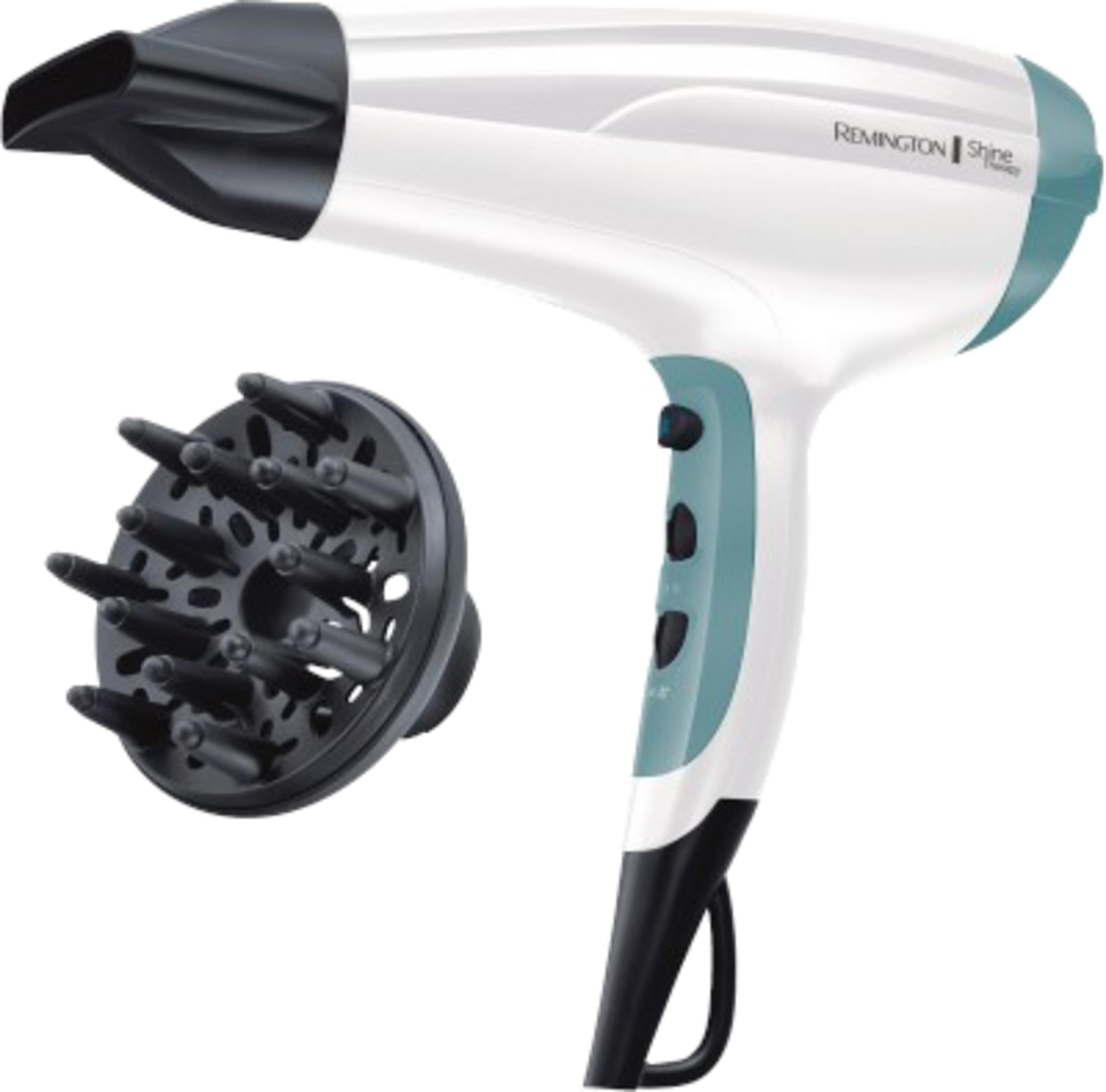 Un asciugacapelli Remington bianco e turchese con diffusore nero.