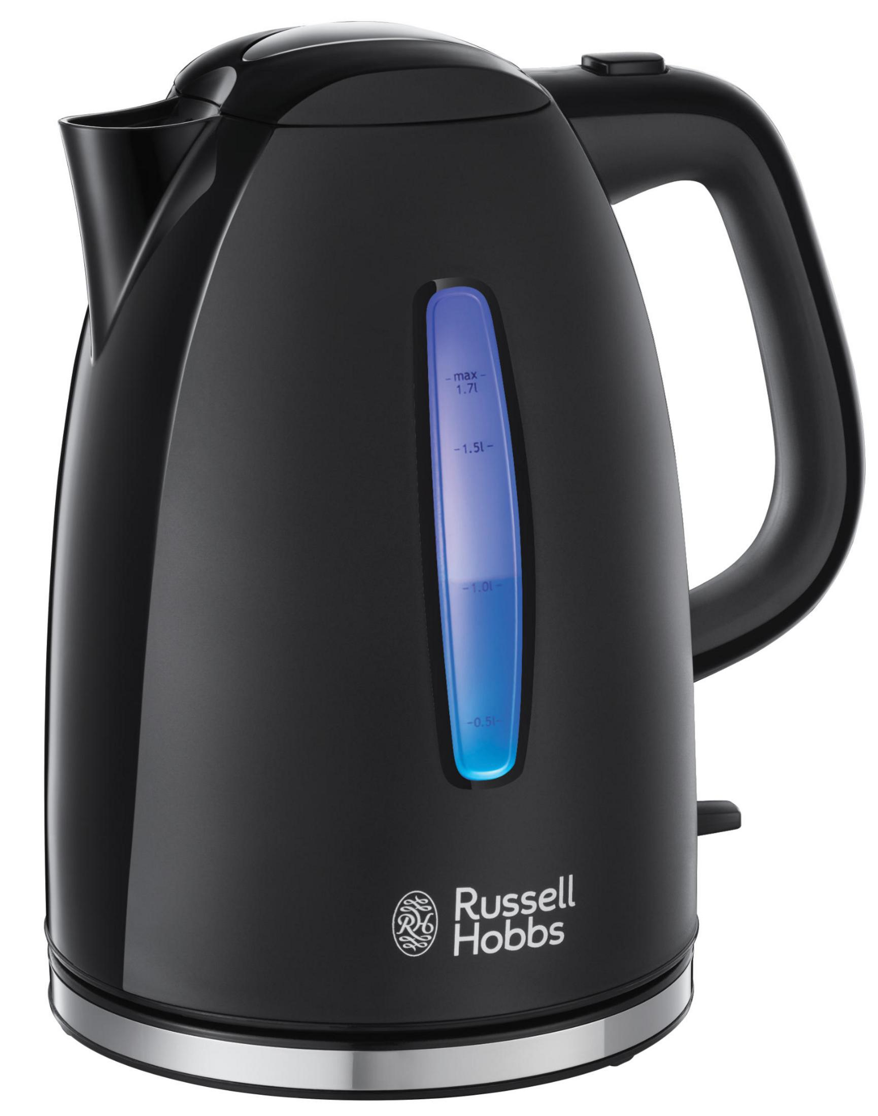 Hervidor Russell Hobbs negro con indicador de nivel de agua iluminado.