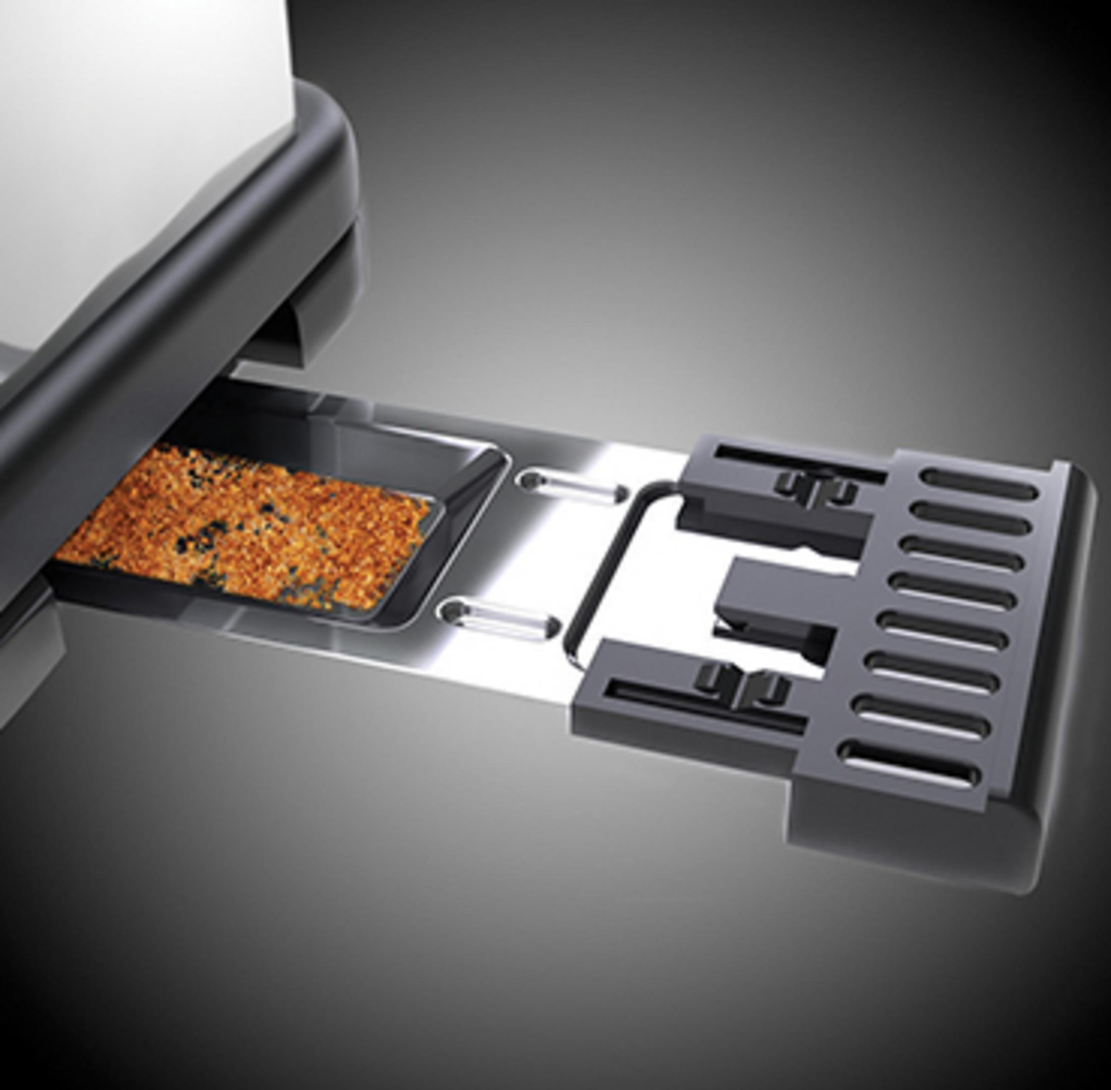 Toster z tacą zawierającą złocisto-brązowe kromki chleba.