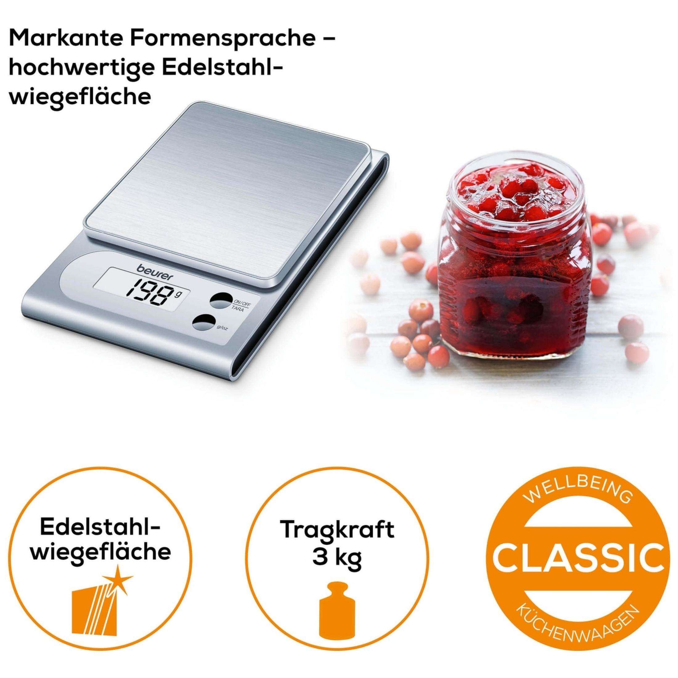 Bilancia da cucina digitale con superficie in acciaio inox e barattolo di marmellata.