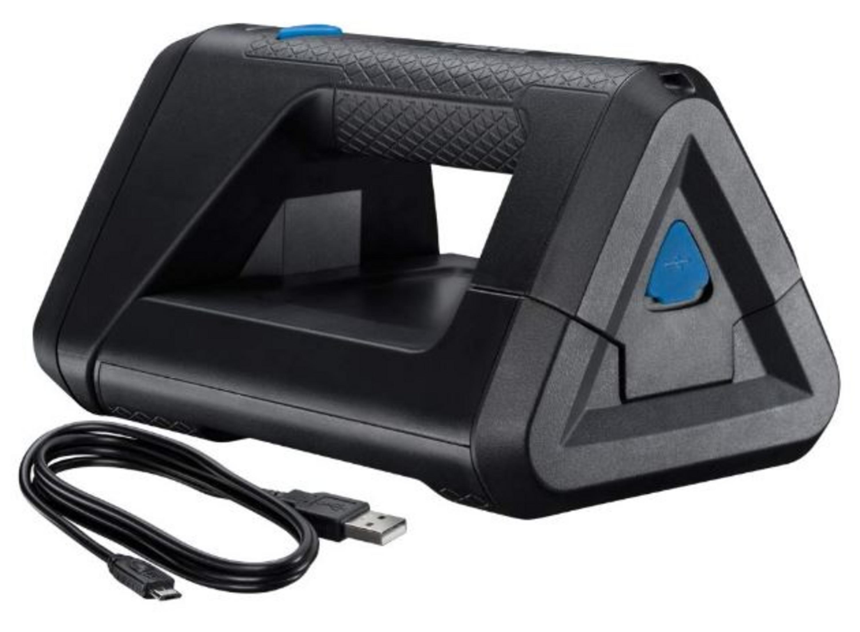 Appareil noir avec câble USB. Boutons bleus dessus et sur le côté.