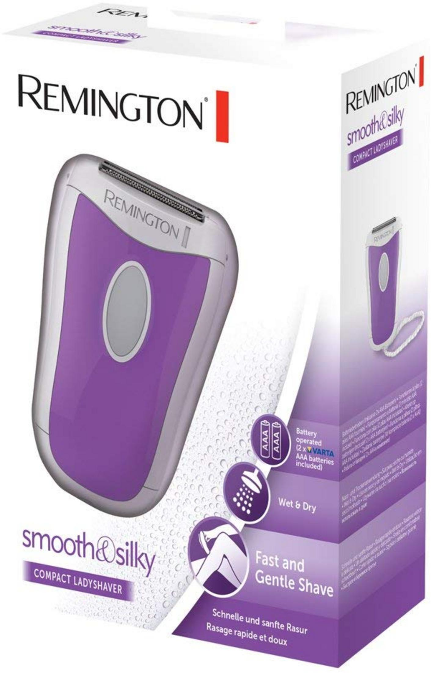Fioletowe opakowanie damskiej golarki Remington z wizerunkiem produktu.
