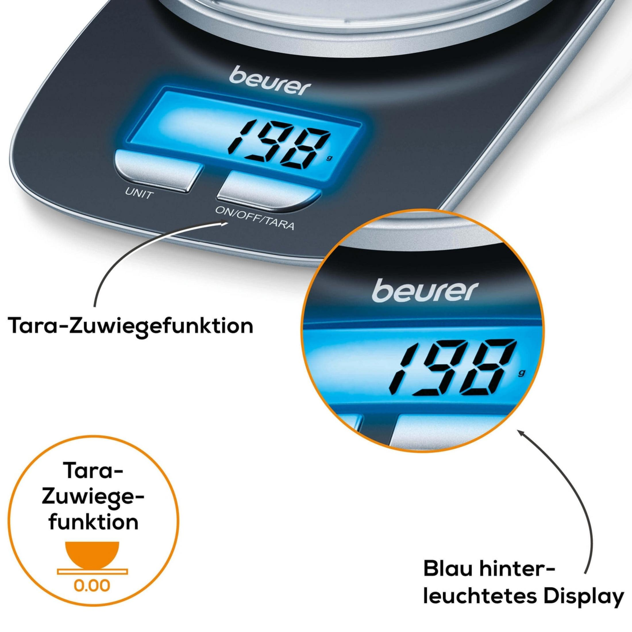 Eine digitale Küchenwaage von Beurer mit blau beleuchtetem Display zeigt 198g.