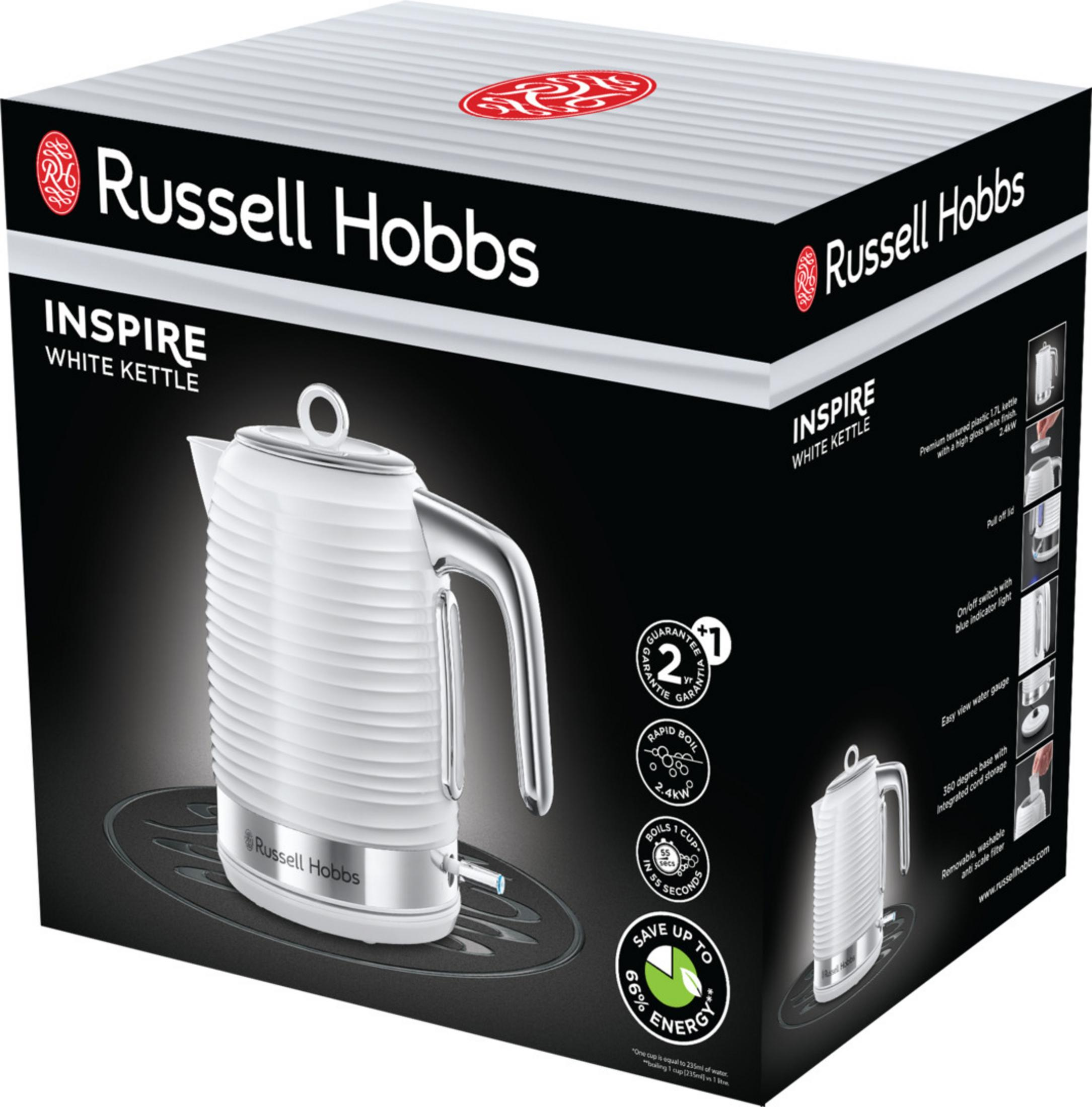 Opakowanie białego czajnika Russell Hobbs Inspire, pokazujące cechy produktu.