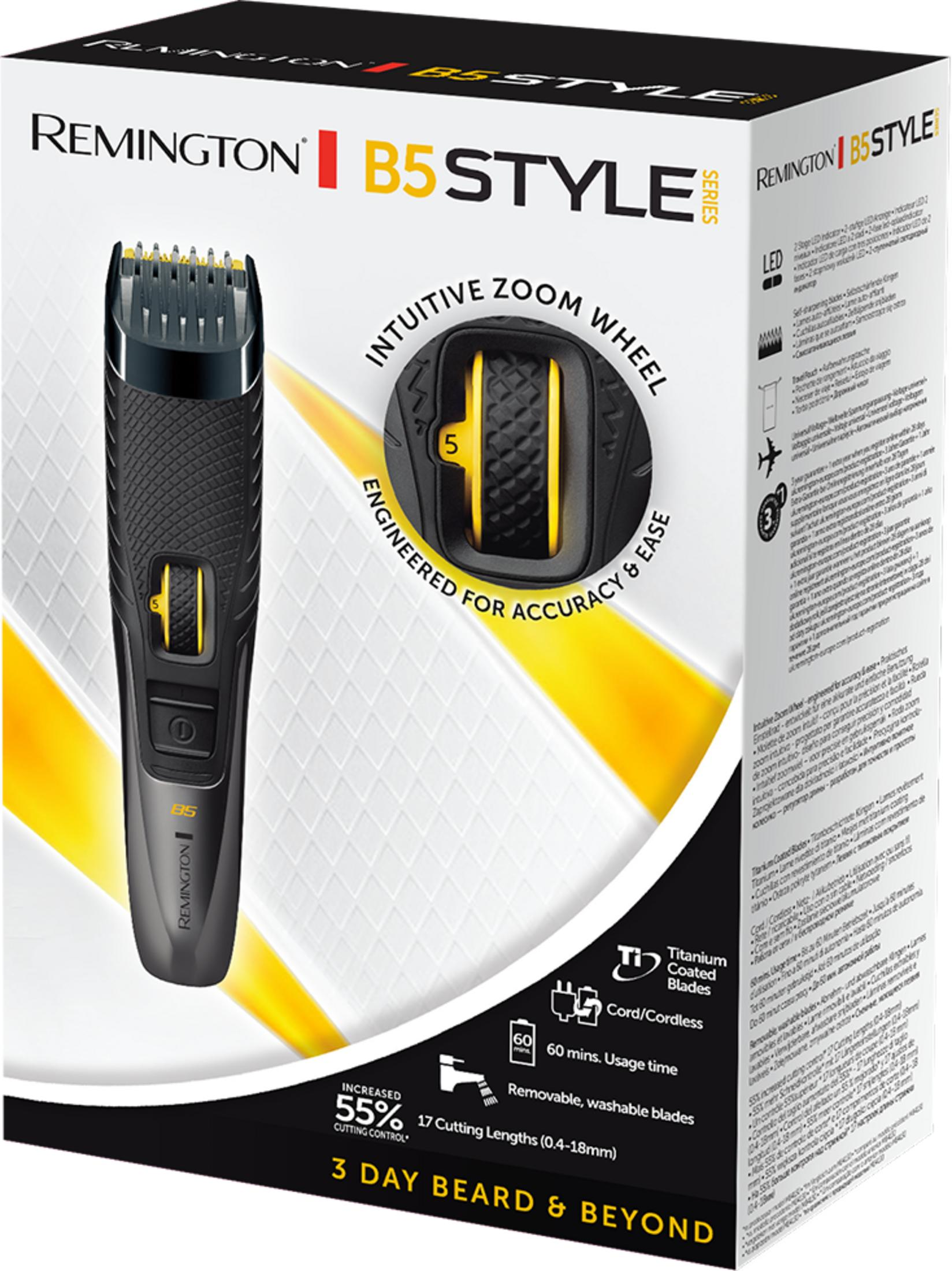 Remington B5 Style Trimmer-Verpackung mit Barttrimmer, Zoomrad, und Details.