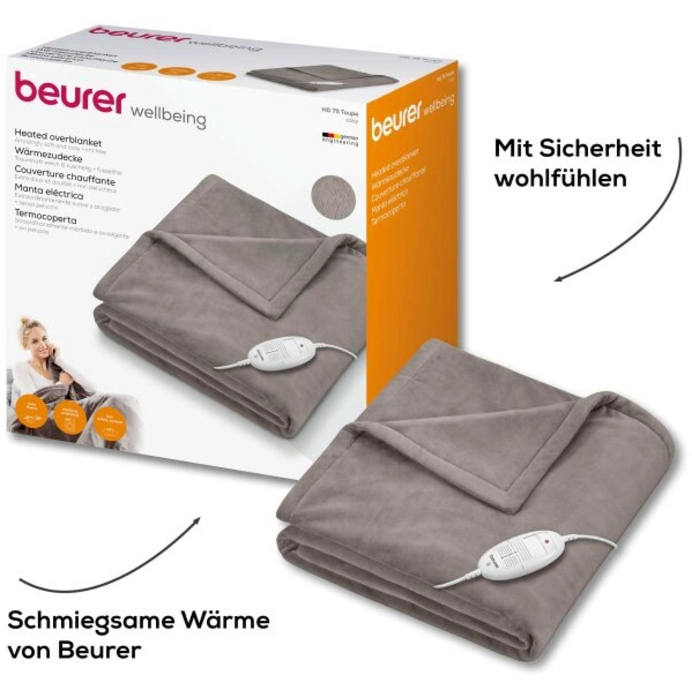Grey Beurer heated blanket with white controller and packaging.