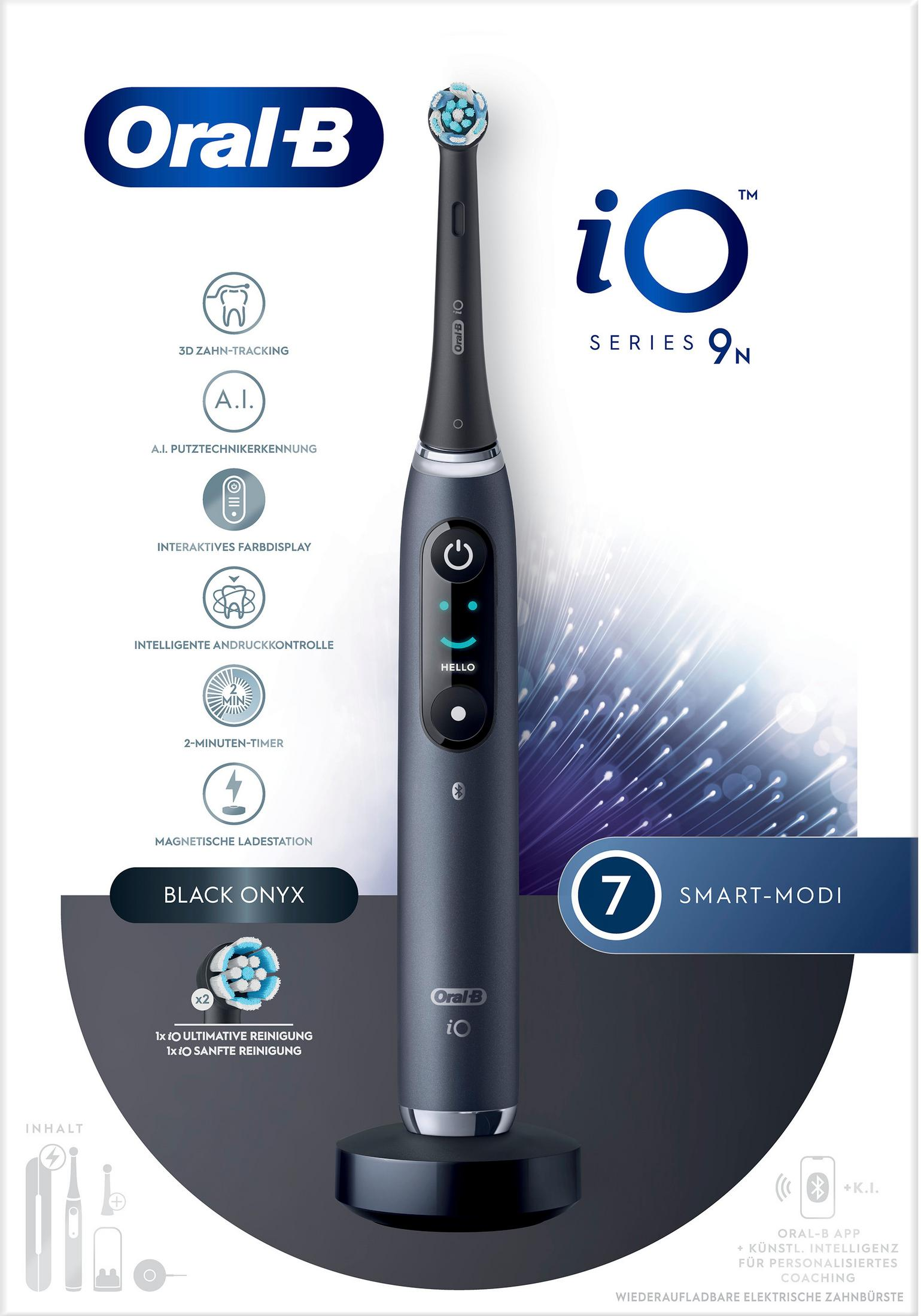 Szara szczoteczka Oral-B iO Series 9N ze stacją ładującą i info.