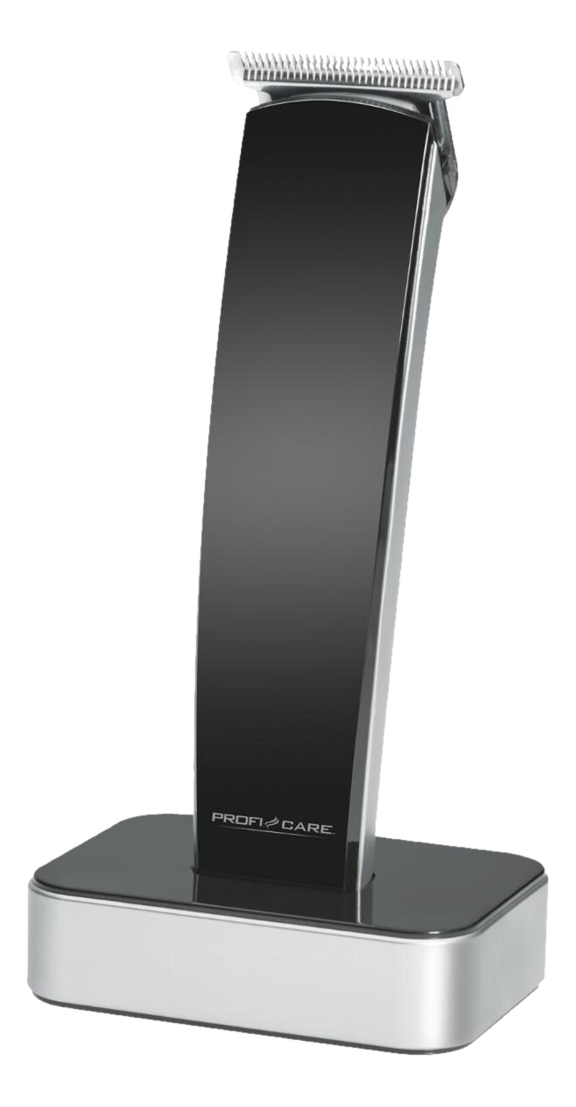 Czarna maszynka do strzyżenia włosów na srebrnej podstawie ładującej.