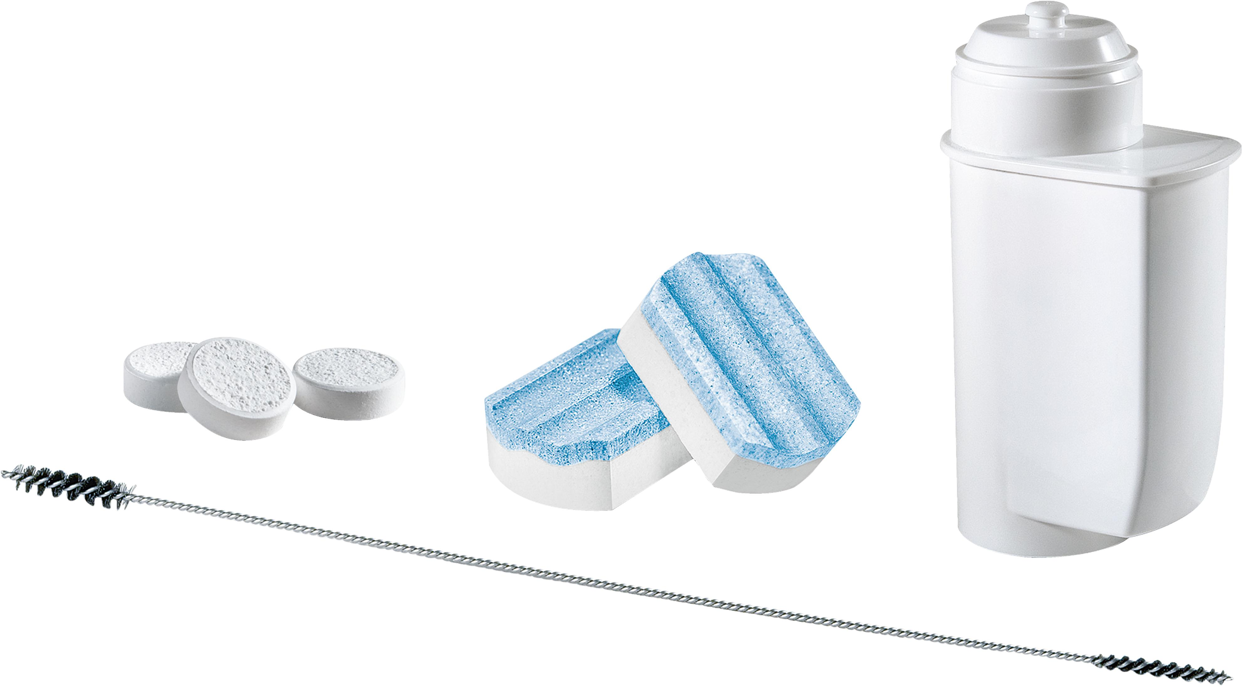 Un contenitore per filtro acqua bianco, tre pastiglie bianche, due spugne blu e una spazzola.
