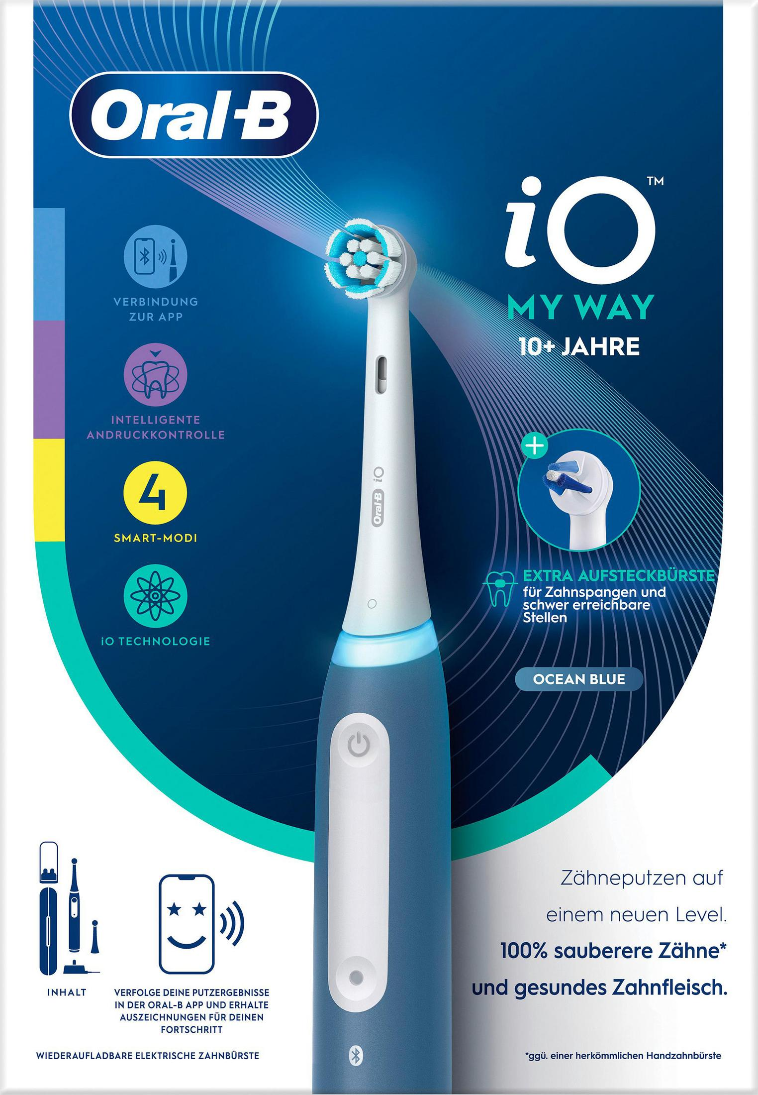 Niebiesko-biała główka szczoteczki Oral-B iO z połączeniem do aplikacji i trybami.