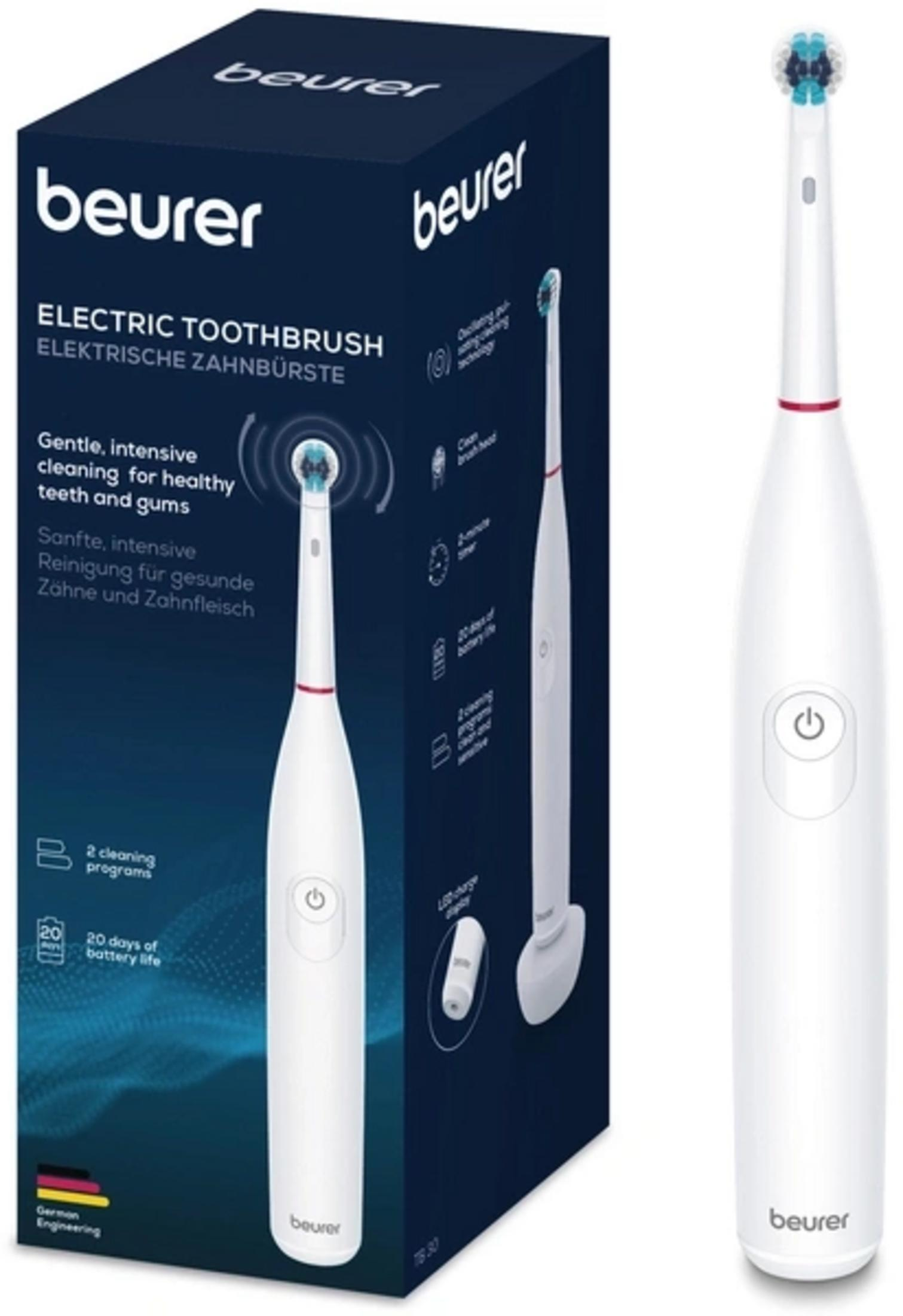 Cepillo de dientes eléctrico Beurer blanco con base de carga y detalles de la caja.