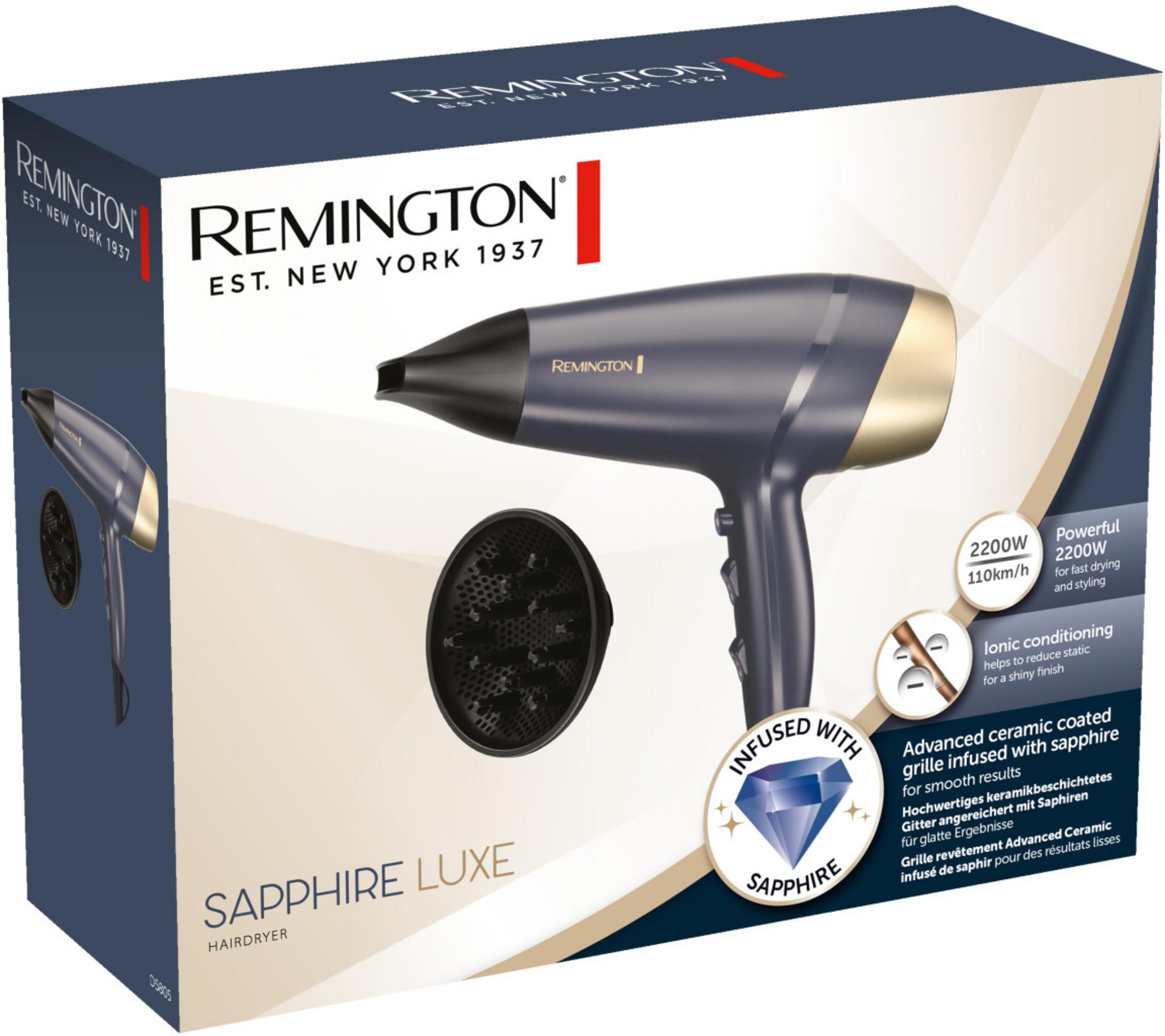 Pudełko niebieskiej suszarki Remington ze złotymi akcentami i dyfuzorem.