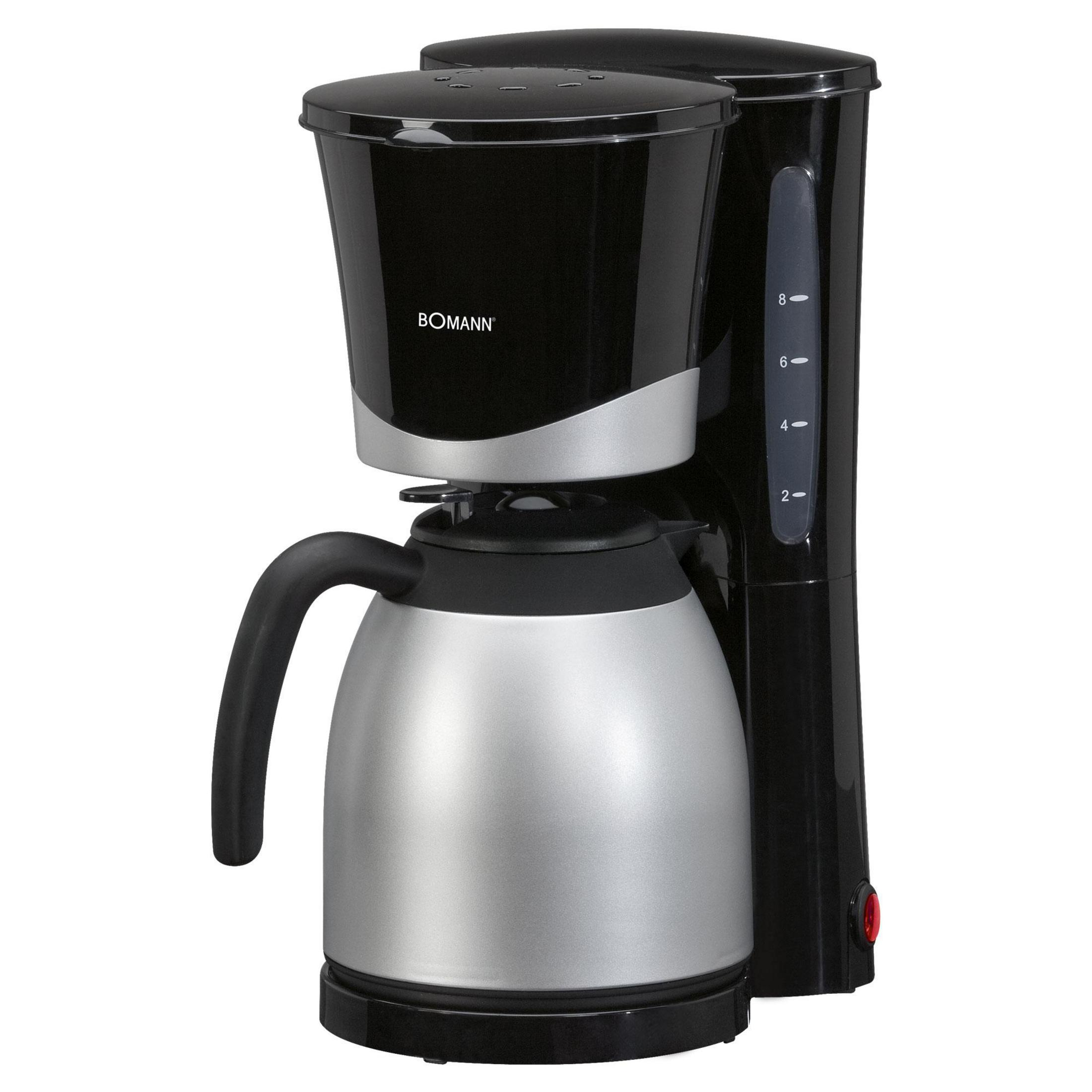 Macchina da caffè nera con caraffa termica argentata e indicatore livello acqua.