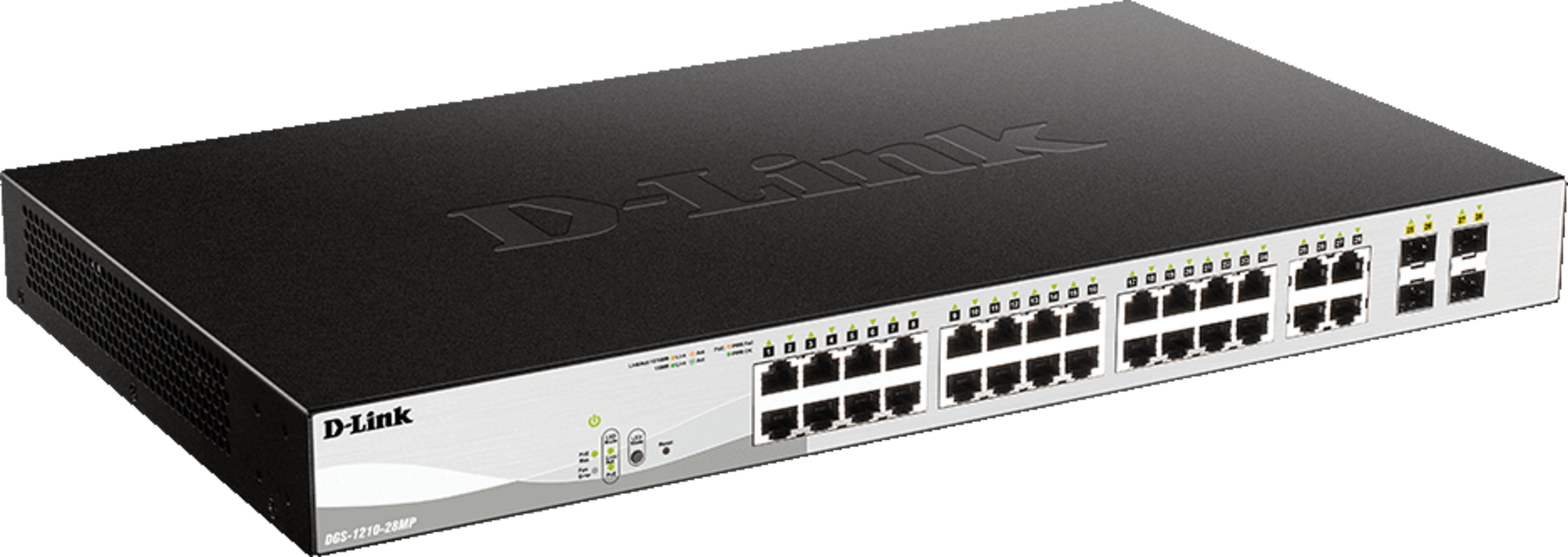 Uno switch di rete D-Link nero con molte porte e luci di segnalazione.