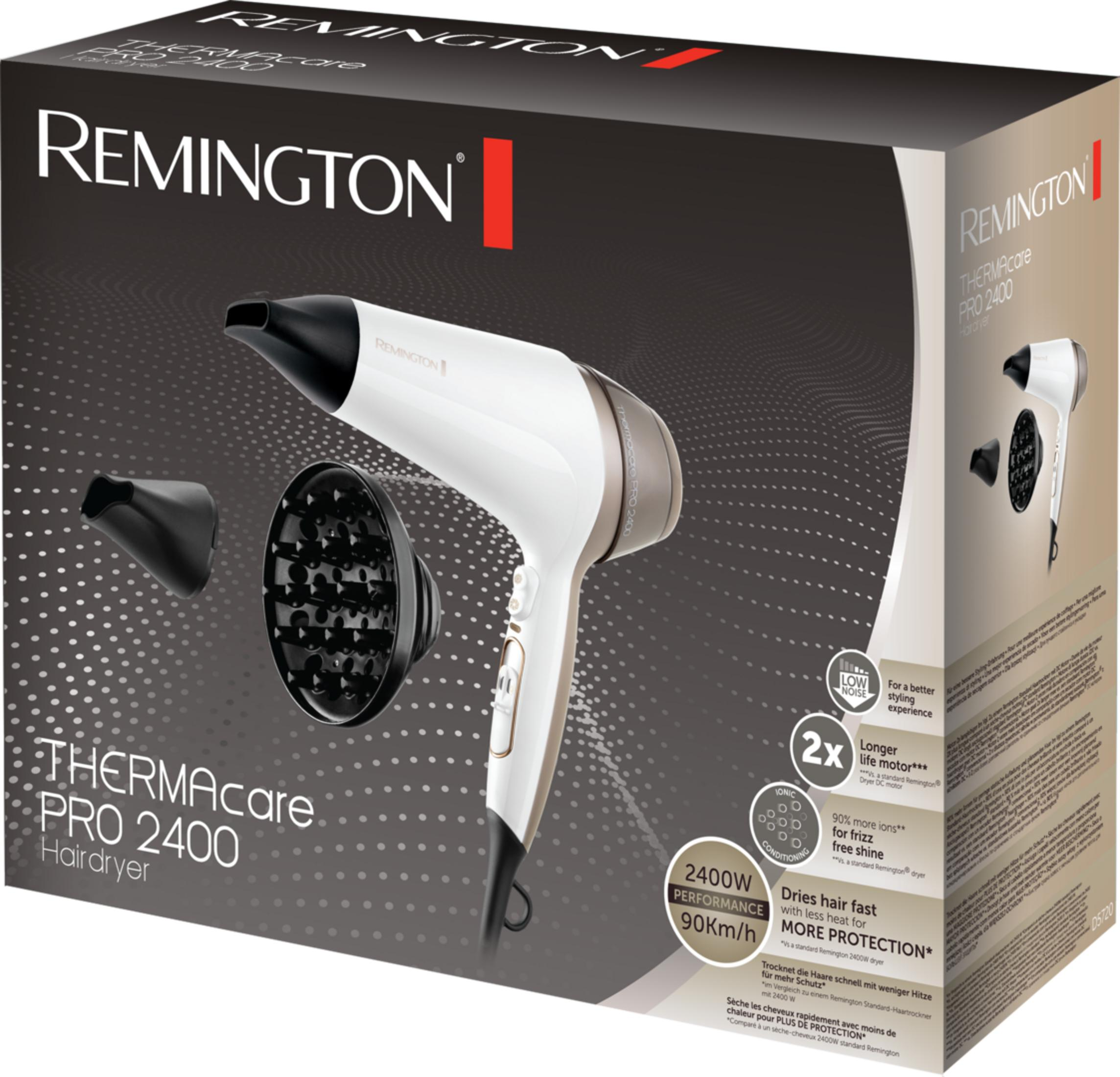 Asciugacapelli Remington bianco e oro con accessori su scatola con dettagli prodotto.