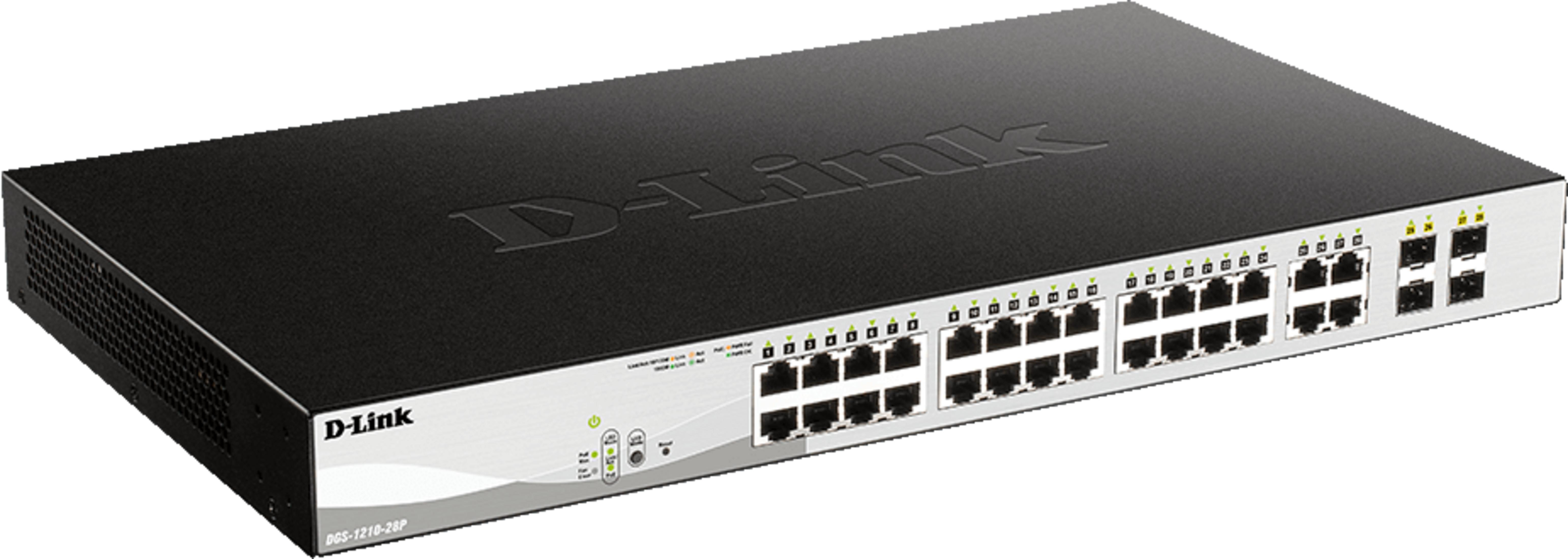 Uno switch di rete D-Link nero con 28 porte e indicatori LED.